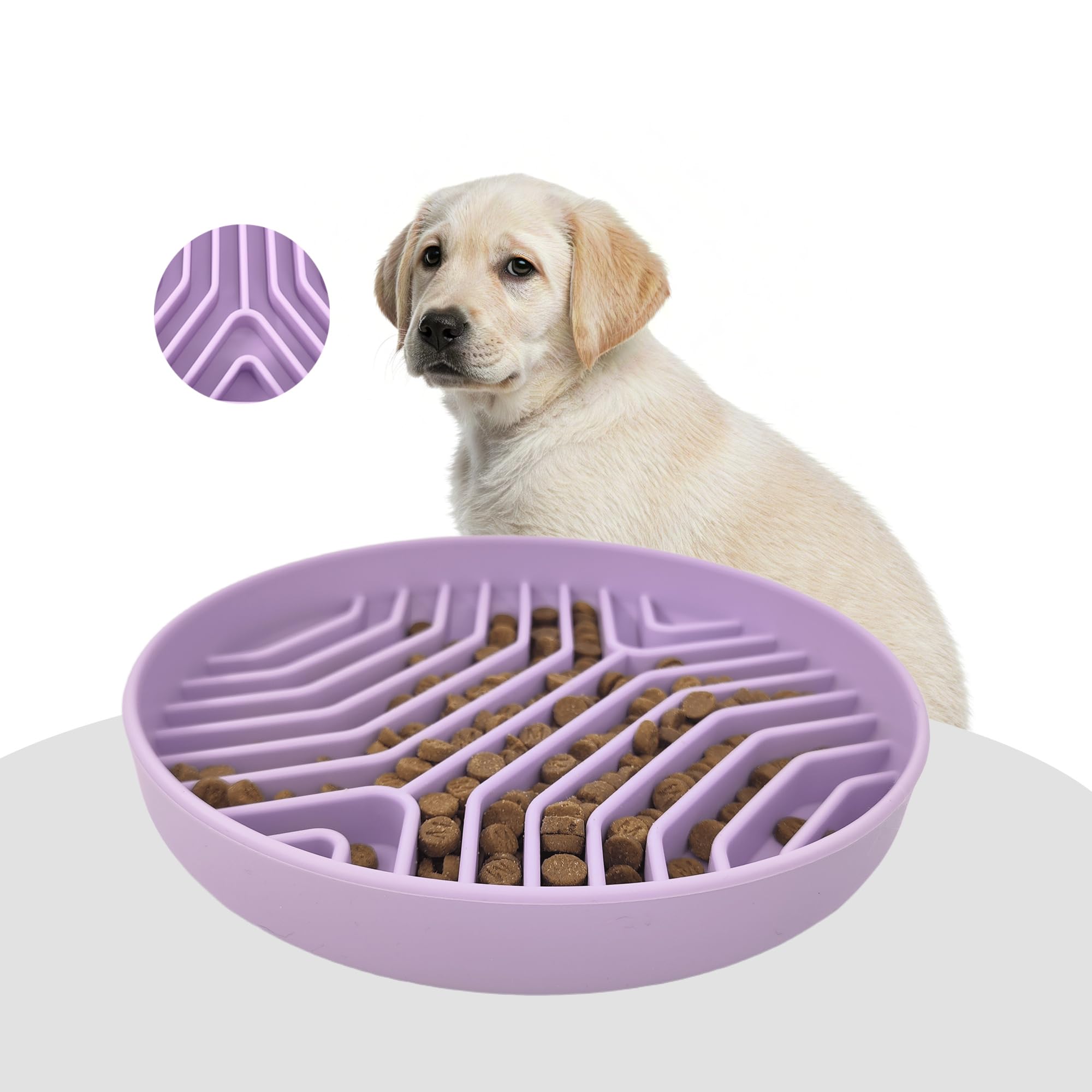 Slow Feeder Dog Bowl, 7.8 x 7.8 inches, Silicone Pet Puzzle Bowl with Suction Base, Foldable (Purple)