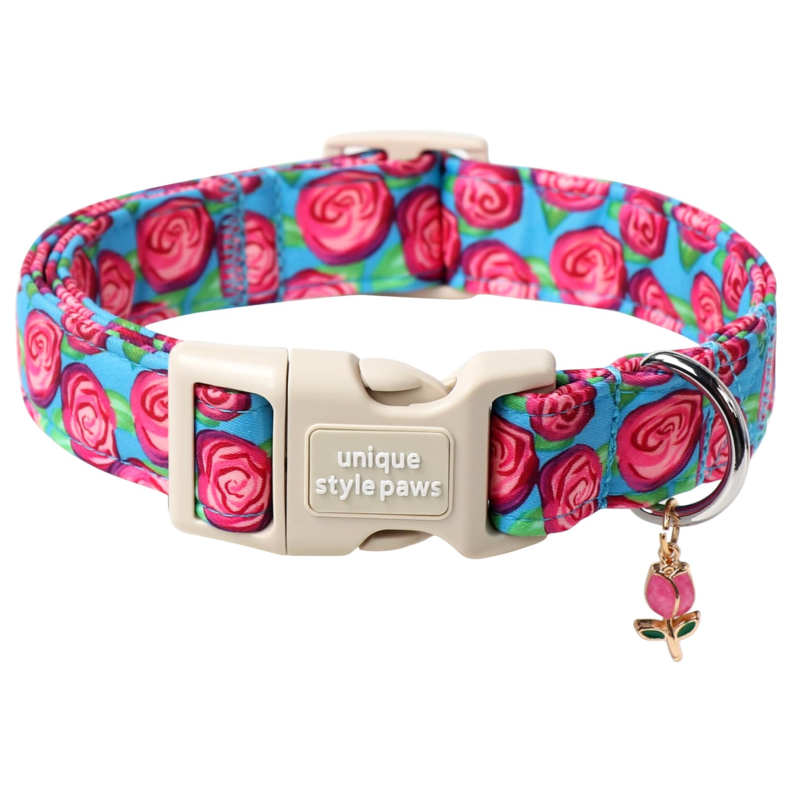 Unique Style Paws Summer Dog Collar,Blue Dog Collars With Hot Pink Rose Pattern,Adjustable Puppy Collar For Small,Medium,Large P