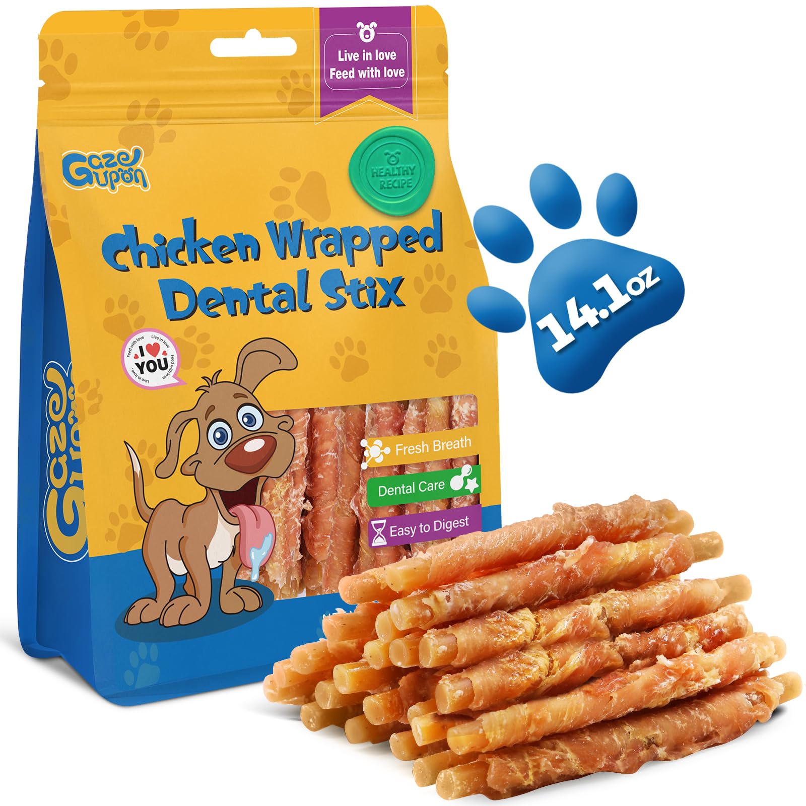 Gazeupon Dog Dental Treats, Chicken Wrapped Peanut Butter Sticks, Healthy Training Snacks for Dogs, Easy to Digest, w/Glucosamin