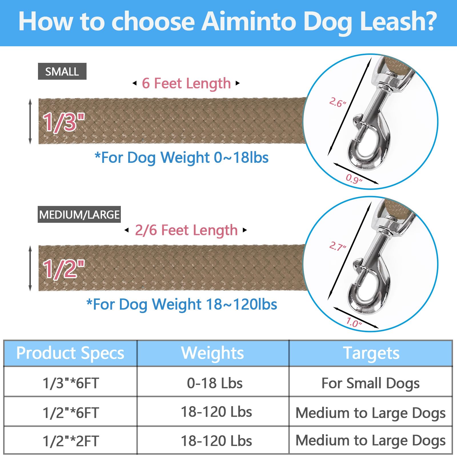 Aiminto Dog Leash, Braided Rope Traction - Walking Training Lead for Medium/Large Dogs ((1/2 '') x 6FT, Khaki)