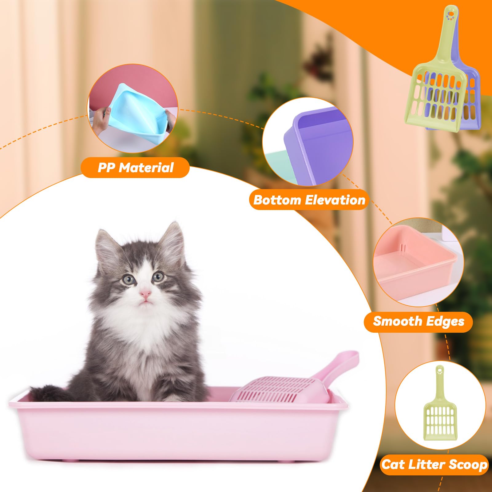 6 Set Small Cat Litter Box Kitten Litter Pan 12.3 x 8.5 x 2.7 Rabbit Plastic Litter Tray with 6 Scoop for Easy Cleaning, Hamster