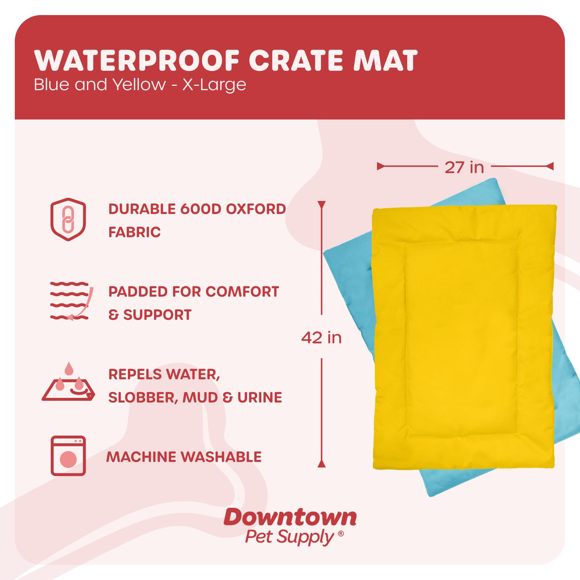 Downtown Pet Supply Dog Crate Pad, Blue And Yellow, X-Large, Waterproof, Ripstop Nylon Fabric, Chew Proof, Machine Washable