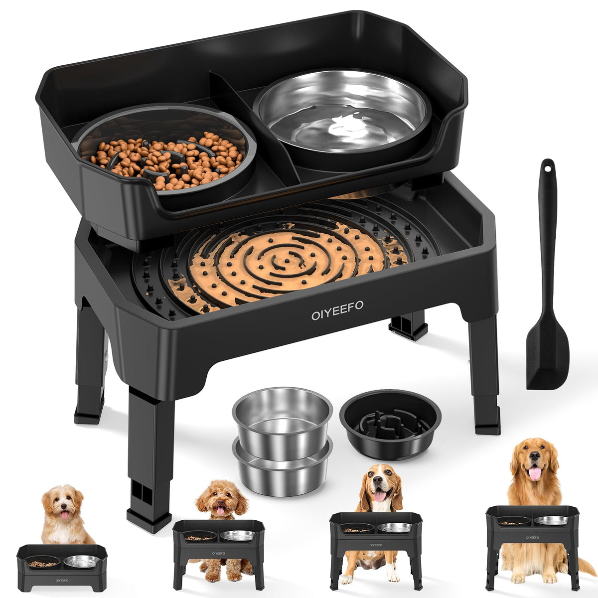 4 in 1 Large Elevated Dog Bowls: 4 Adjustable Height Raised Dog Bowl Stand with Mess Proof Design - Slow Feeder Licking Plate wi