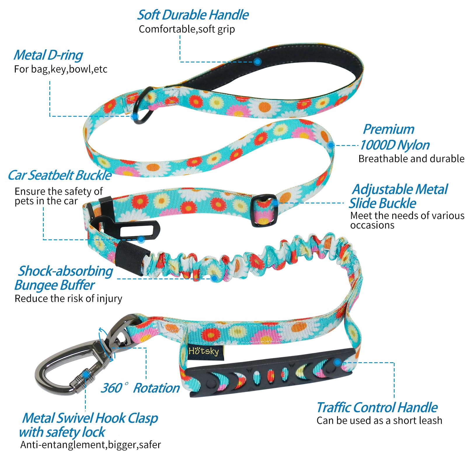 Heavy Duty Dog Leash, Hotsky Tactical Dog Leash With Car Seat Belt And Double Handle For Large Dogs Up To 150Lbs, 4Ft 6Ft Adjustable Shock Absorbing Strong Dog Leash For Dog Training Walking (Daisy)