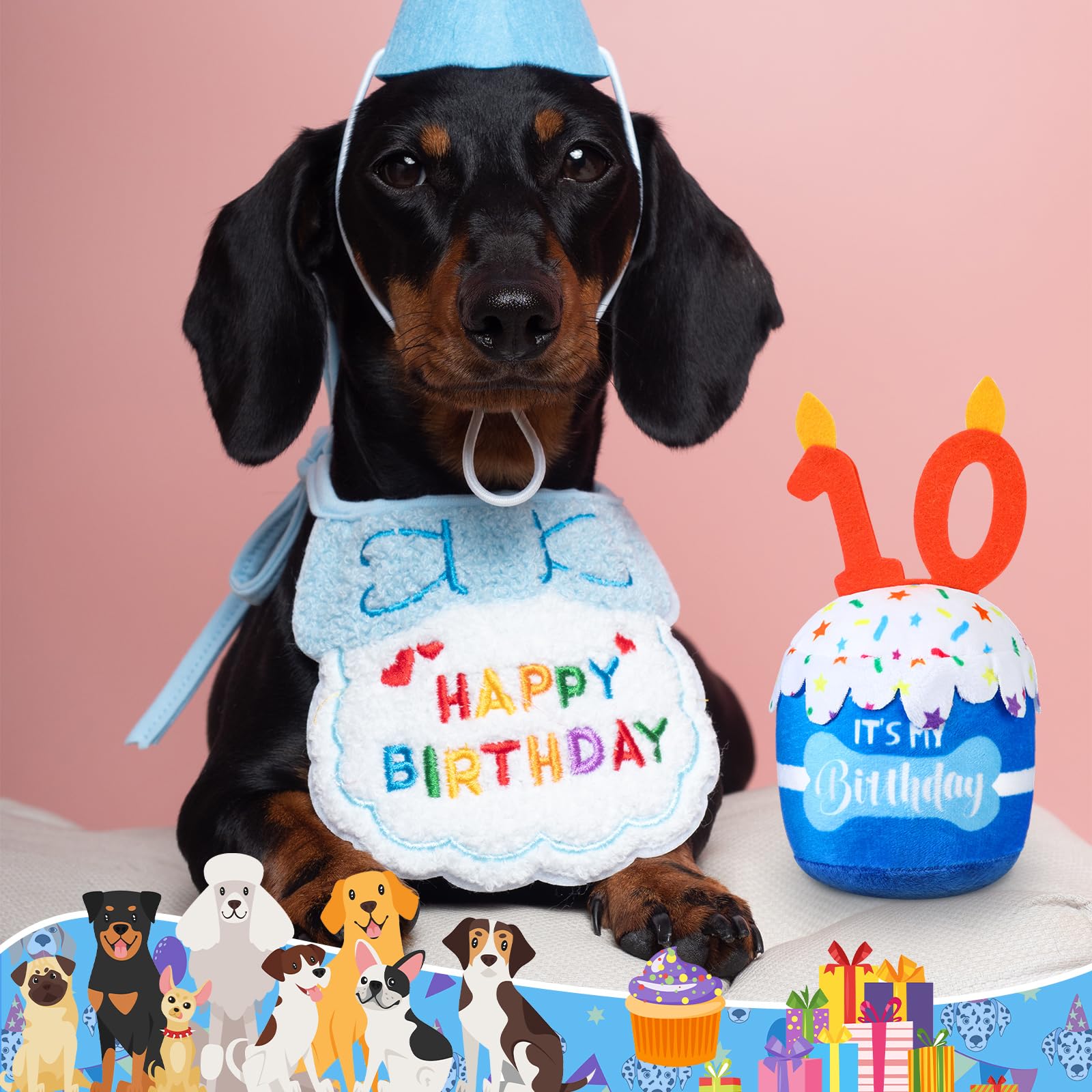 Dansydaisy Dog 10Th Birthday Cake Toy Accessories For Girl Boy Gifts, Blue Squeaky Plush Toy For Dog Birthday Party Decor Favor