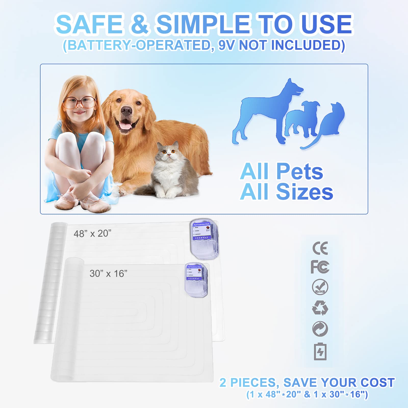 Seerway Scat Pet Shock Mat 2 Pieces In Different Size, Shock Pads For Dogs And Cats Training Indoor, Electric Repellent Mat Keep