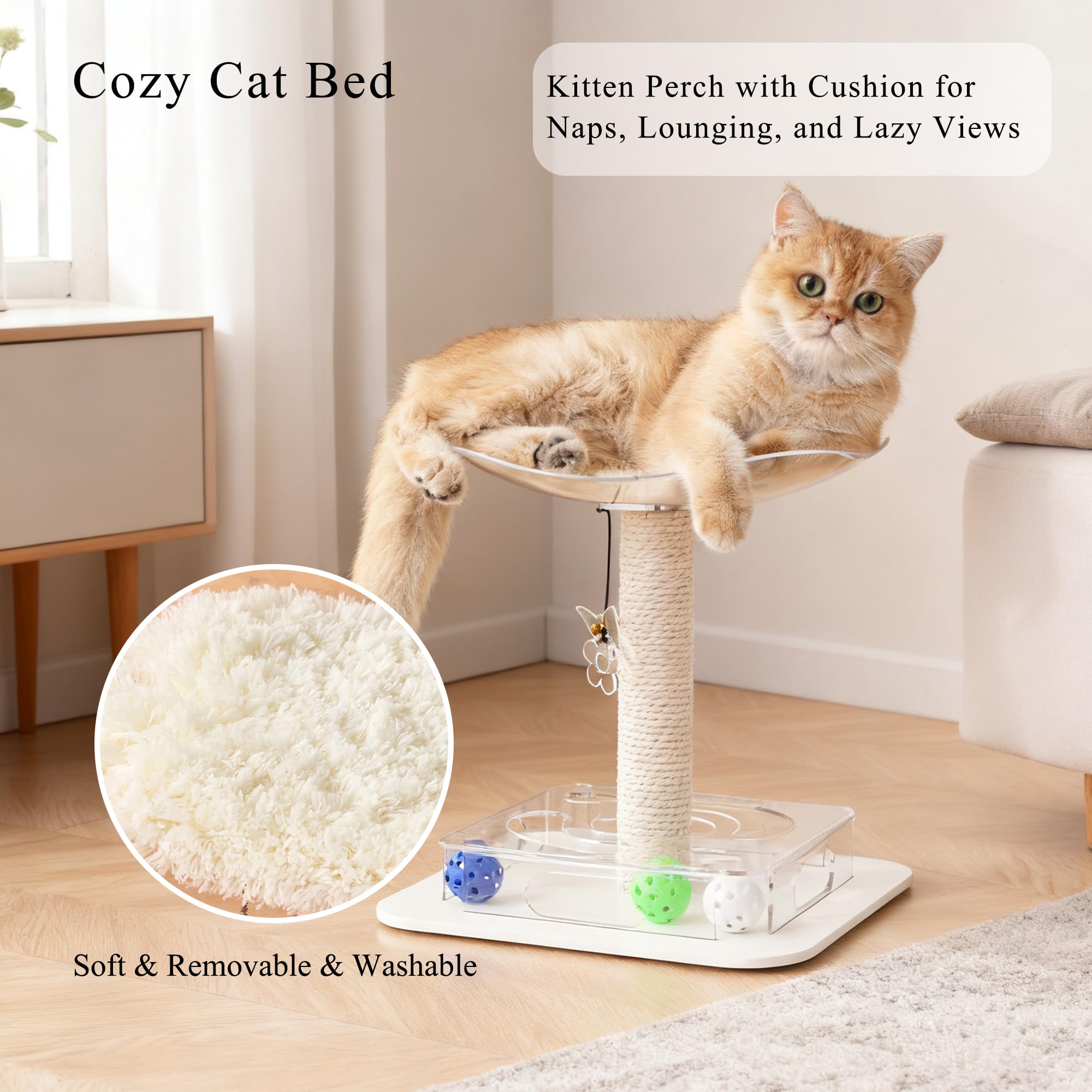 Kicari Modern 3-in-1 Interactive Cat Toy with Puzzle Box, Cat Bed/Perch & Scratching Posts, Colorful Jingle Balls, Dangling Acce