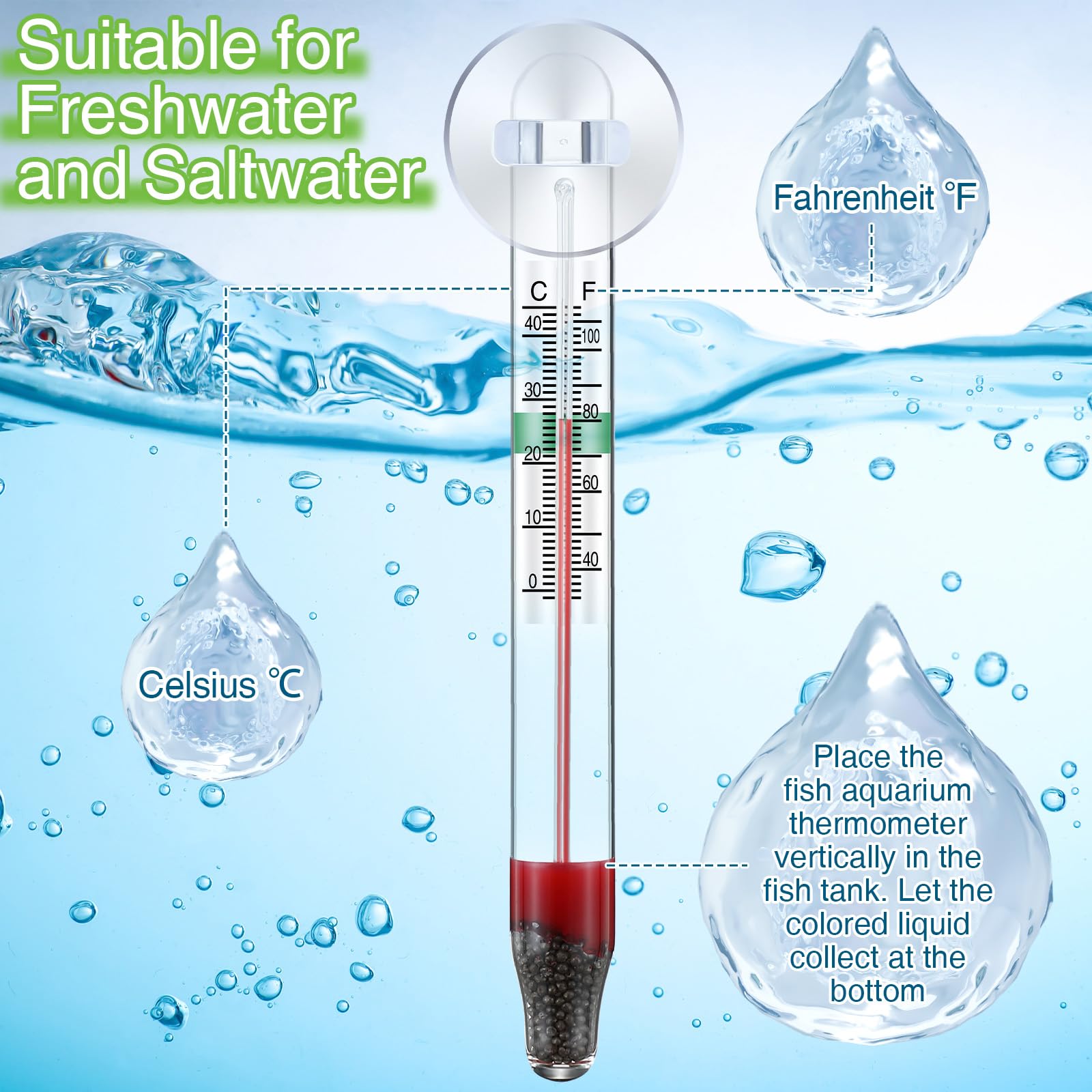 Dreyoo 4 Pcs Floating Aquarium Thermometers, Floating Glass Aquarium Thermometer with Suction Cup, Mercury Free Large Standing T