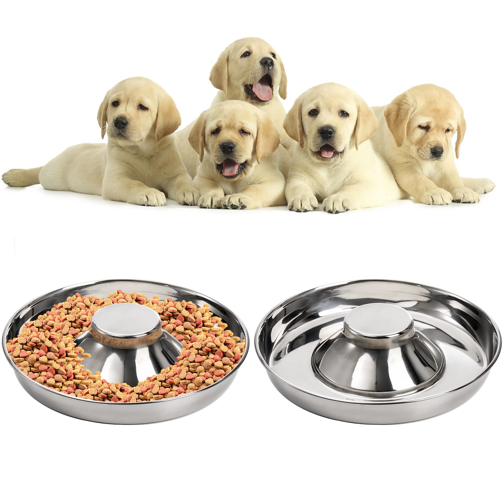 SOUJOY 2 Pack Stainless Steel Puppy Bowls, Pet Slow Feeder Bowls, Non-Skid Dog Food and Water Bowl, Feeding Weaning for Small Me