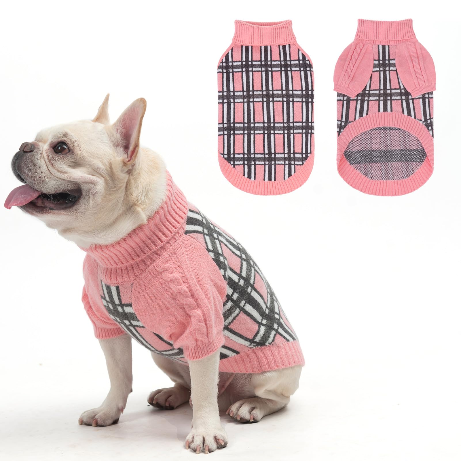 Scenereal Small/Medium Dog Pullover Sweater,Cable Knitwear Dog Sweatershirt For Winter, Classic Plaid Turtleneck Thick Warm Dog 