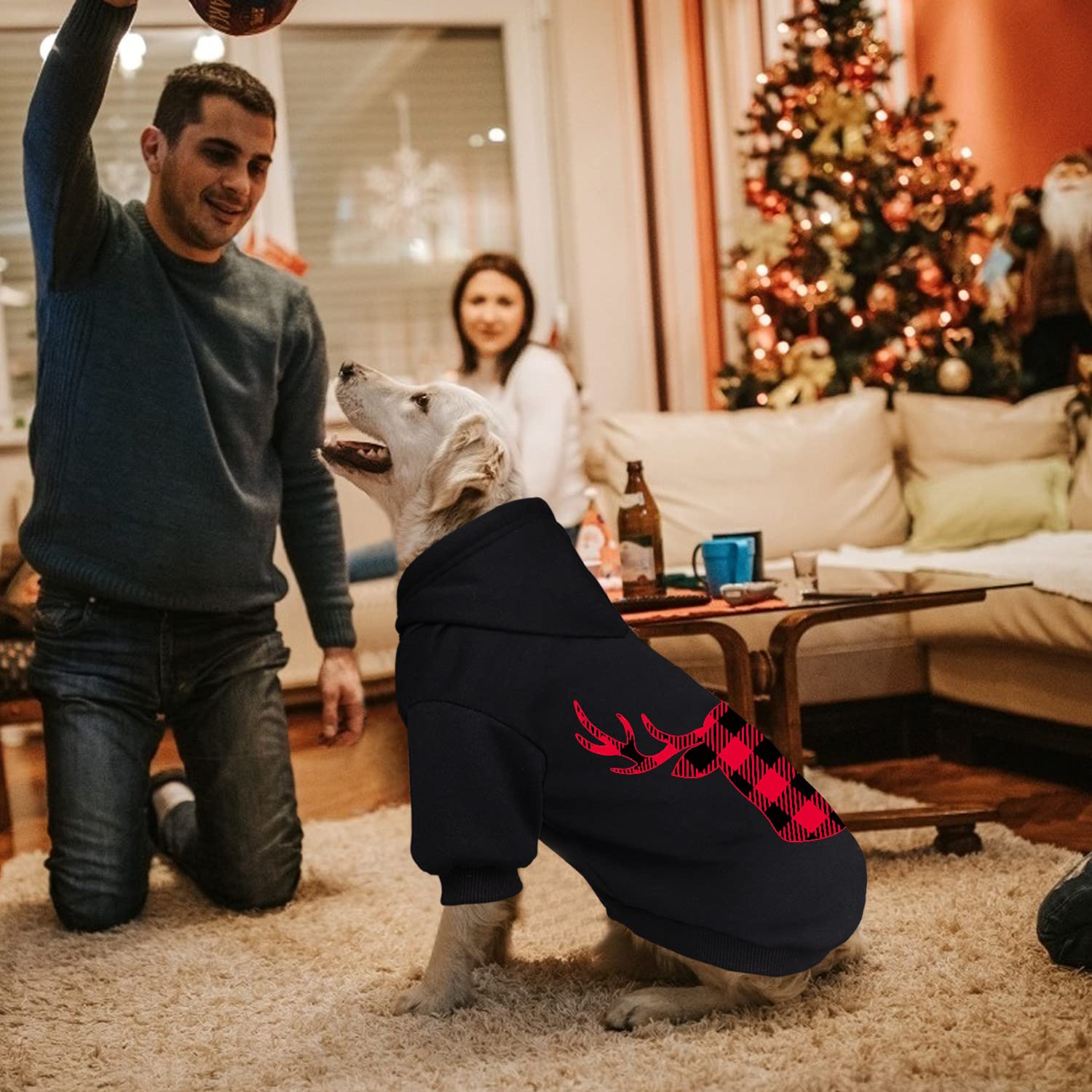 Dog Hoodie Sweater For Dogs Pet Clothes Buffalo Plaid Dog Hooded Sweatshirt Warm And Soft Breathable Cozy(Reindeer&L)