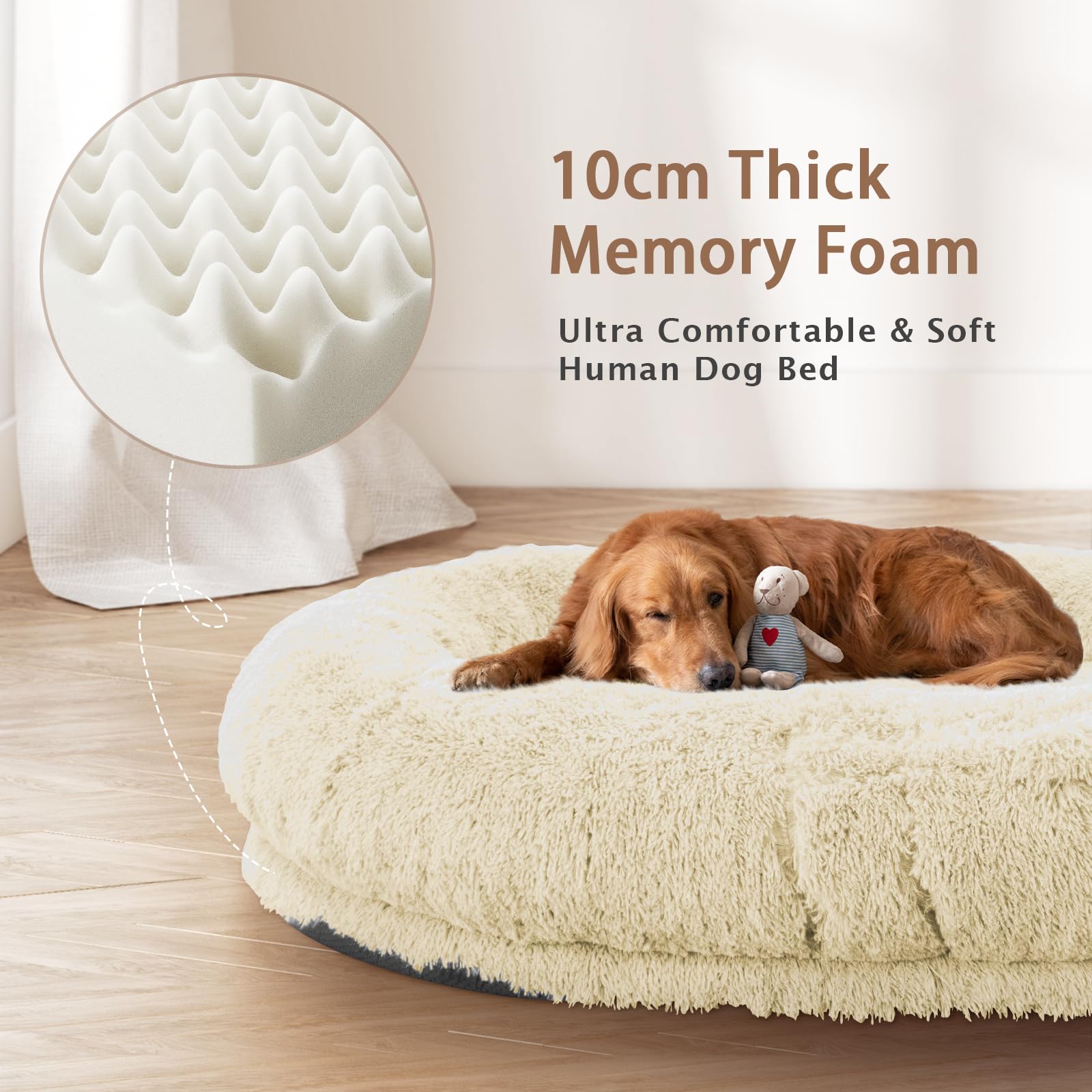 ROOMTEC Human-Sized Dog Bed, Memory Foam, Waterproof, 71"x45"x12", Beige Faux Fur, Removable Cover, Large Dogs