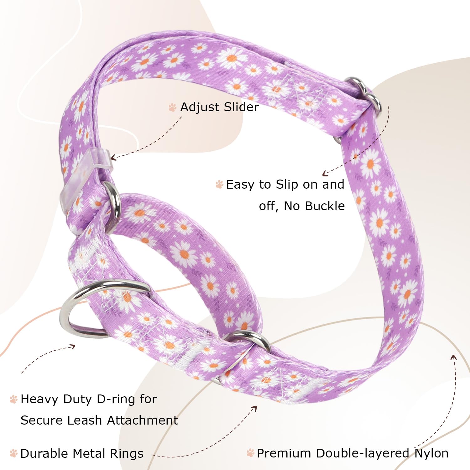 Martingale Collar For Dogs, Girl Dog Collar With Purple Floral Patterns, Heavy Duty Nylon Dog Collar Durable And Comfortable, Pe