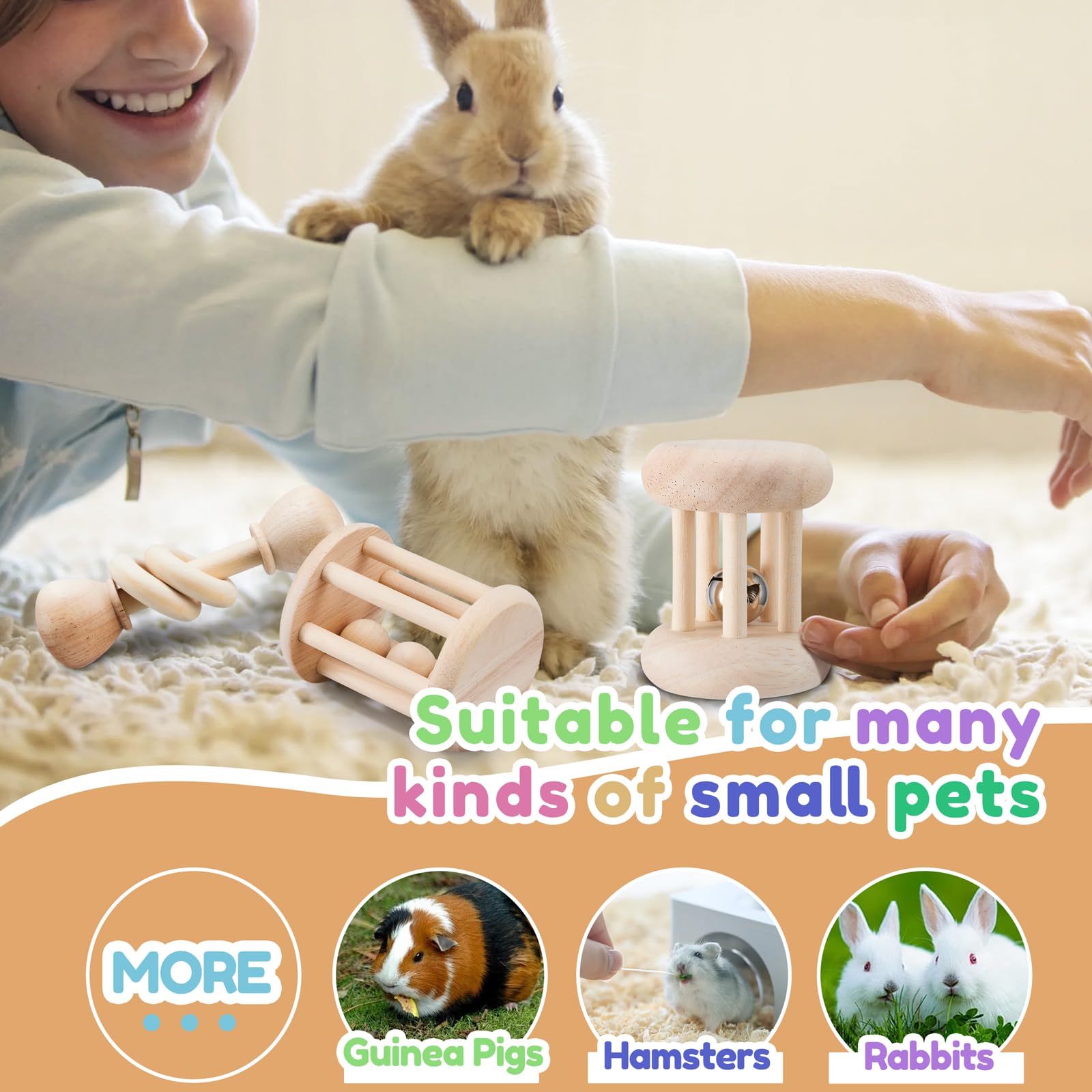 Aowpfvv 3 Pcs Wooden Bunny Toys - Safe Rabbit Toys, Bite-Resistant Guinea Pigs Toys For Chinchillas Hamsters Small Animals Playi