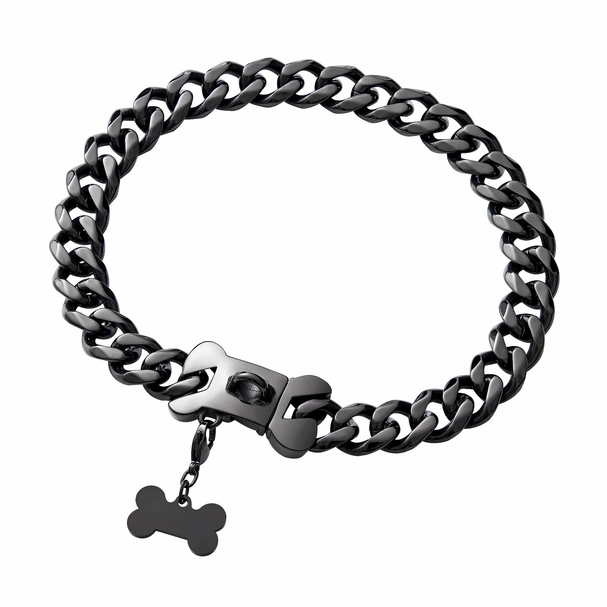 Cuban Black Link Heavy Duty Dog Collar, 10Inch-26Inch Wide Stainless Steel Luxury Dog Id Name Tag Necklace Personalized Collar F