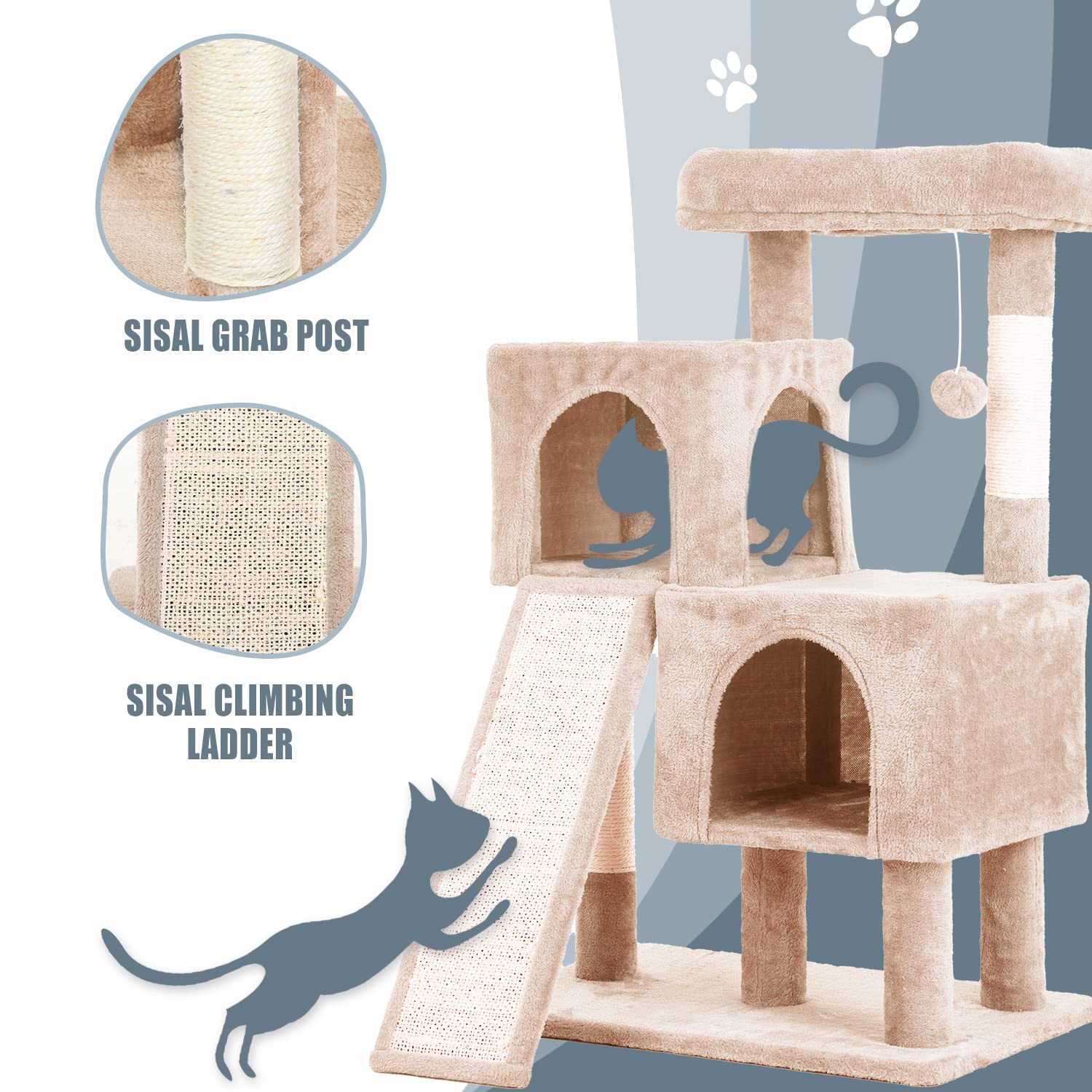 Cat Tree For Indoor Cats, 36In Cat Tower Multi-Level Cat Condo With Sisal Scratching, Scratching Board, Dangling Ball, Extra Lar