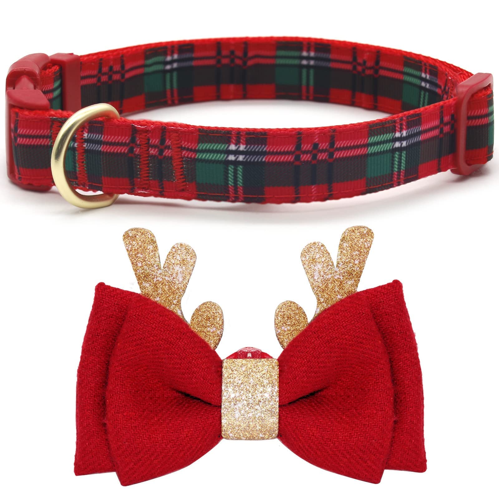 Azuza Christmas Dog Collar, Plaid Dog Collar And Cute Glitter Reindeer Antler With Bowtie, Soft & Comfy Xmas Dog Collars, For Sm