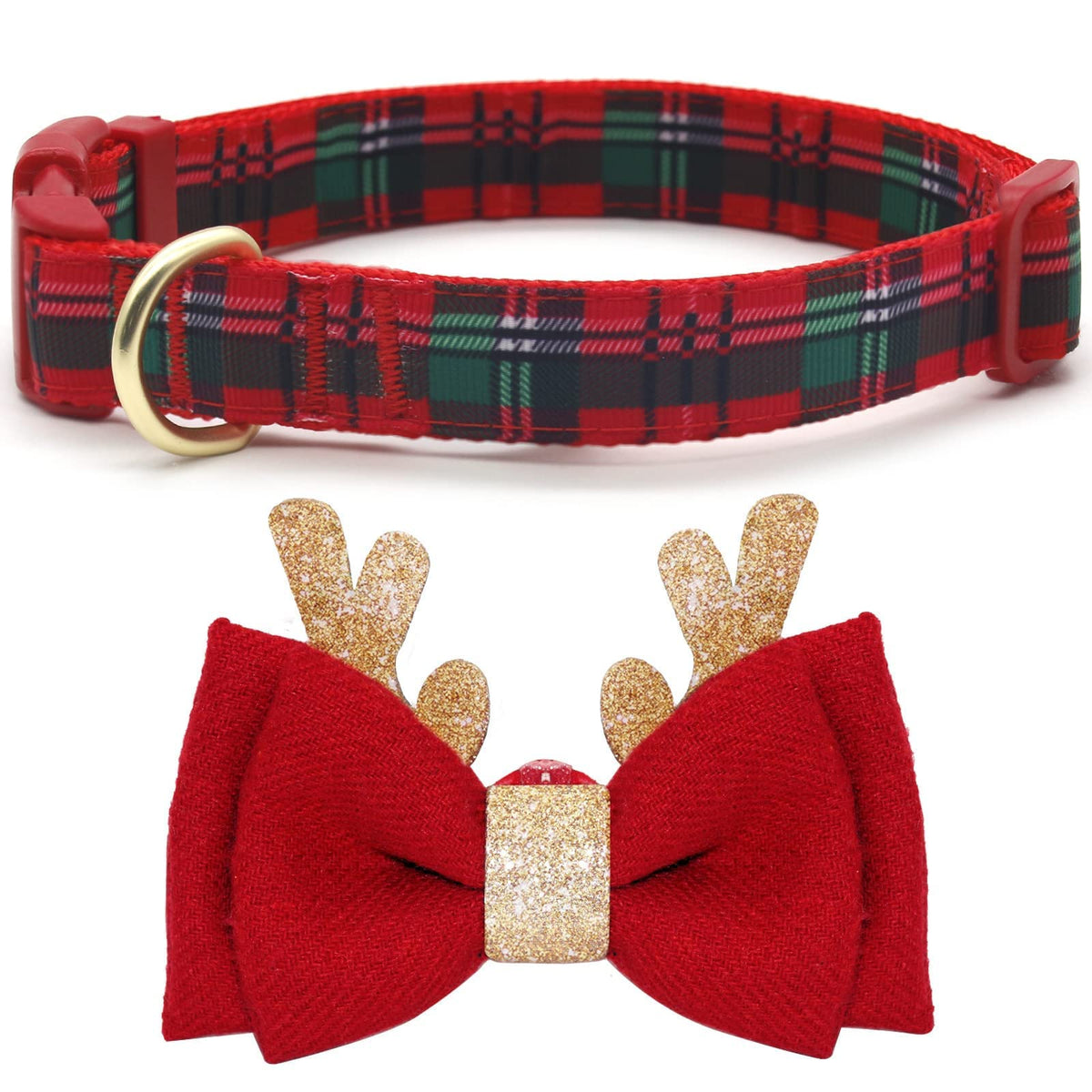 Azuza Christmas Dog Collar, Plaid Dog Collar And Cute Glitter Reindeer Antler With Bowtie, Soft & Comfy Xmas Dog Collars, For Sm