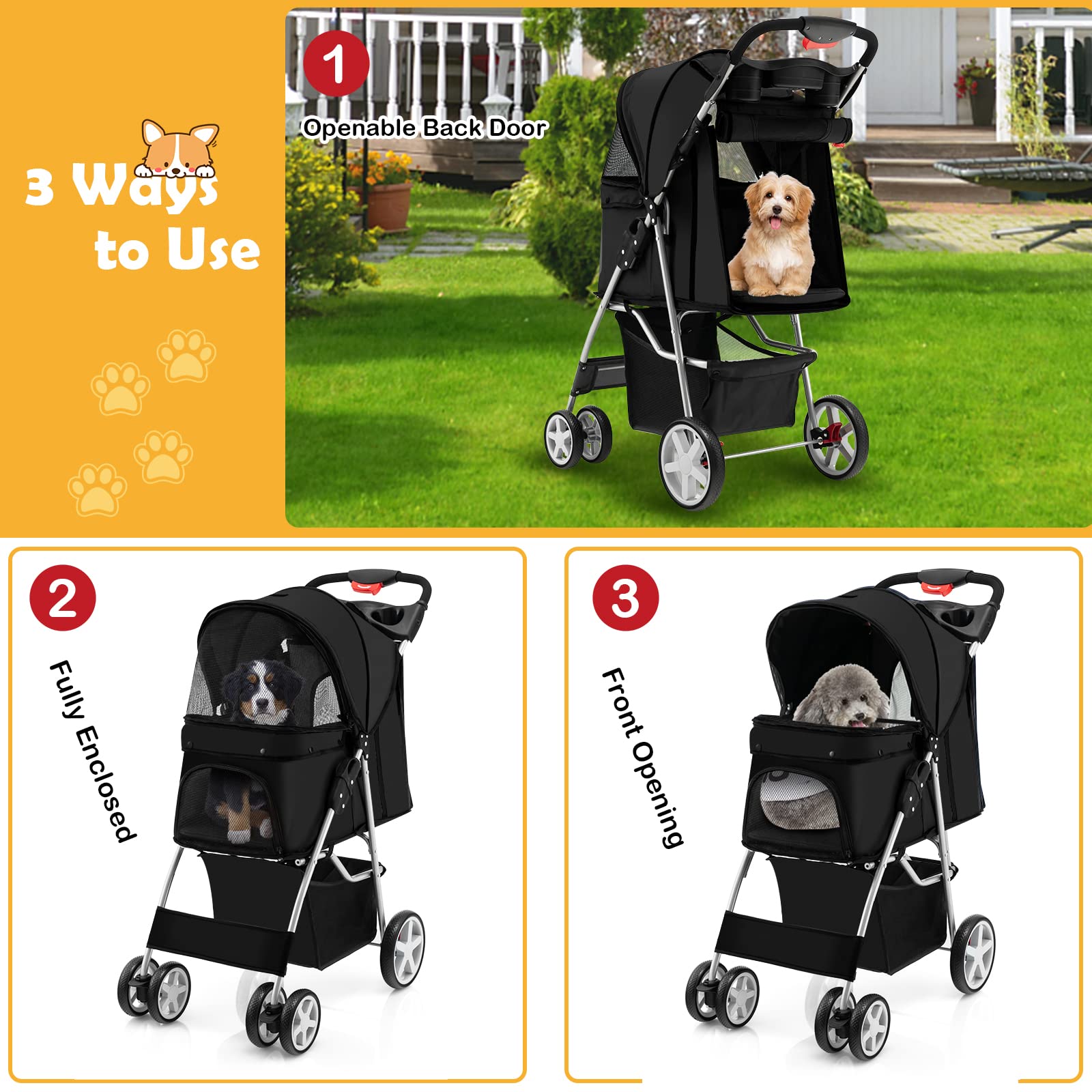 Giantex Folding Dog Stroller For Small Medium Dogs Cats Puppy, 4 Lockable Wheels Cat Stroller Pet Travel Carrier Strolling Cart,