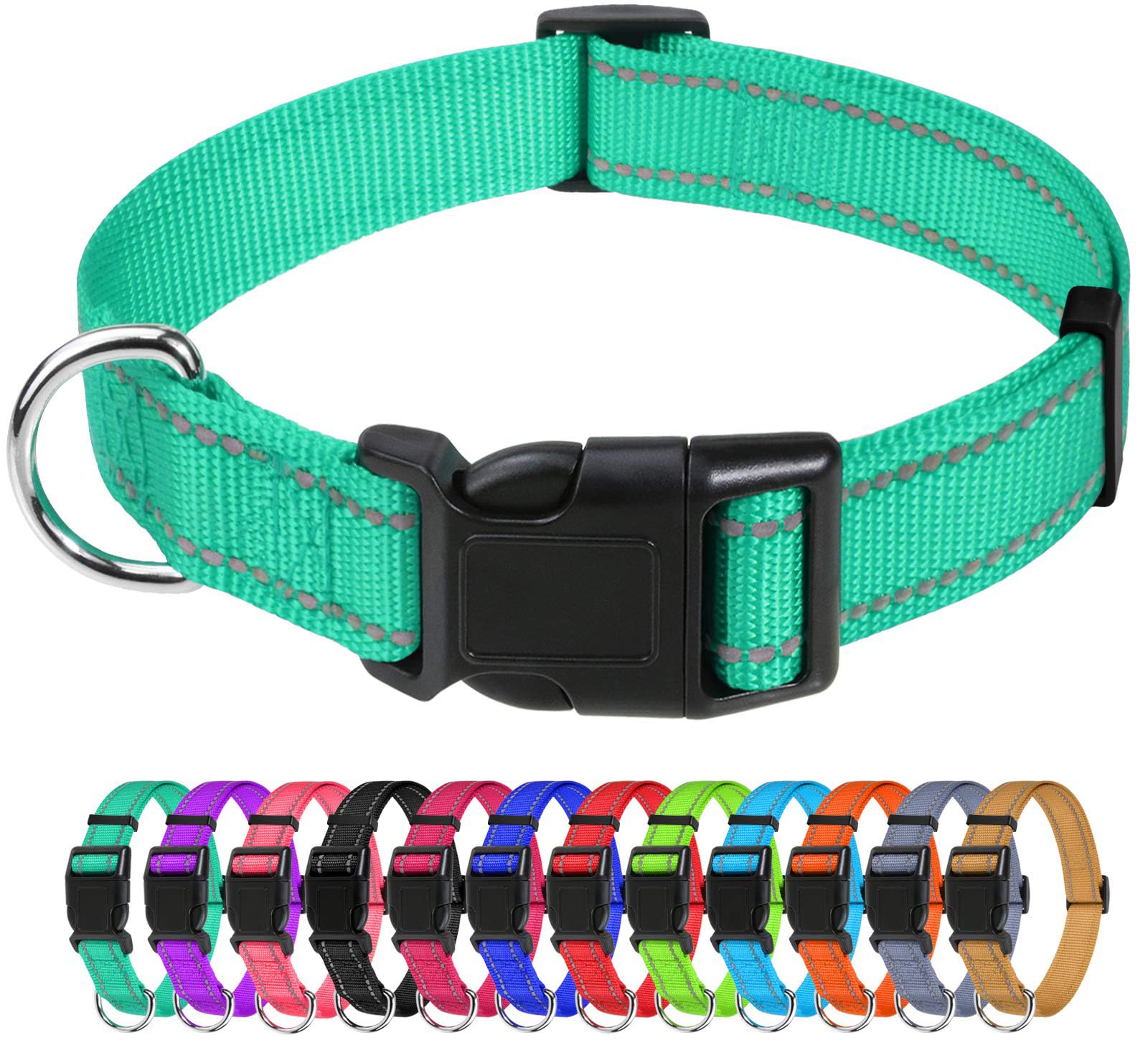 Tagme Reflective Nylon Dog Collars, Adjustable Classic Dog Collar With Quick Release Buckle For Extra Large Dogs, Turquoise, 1¼' Width