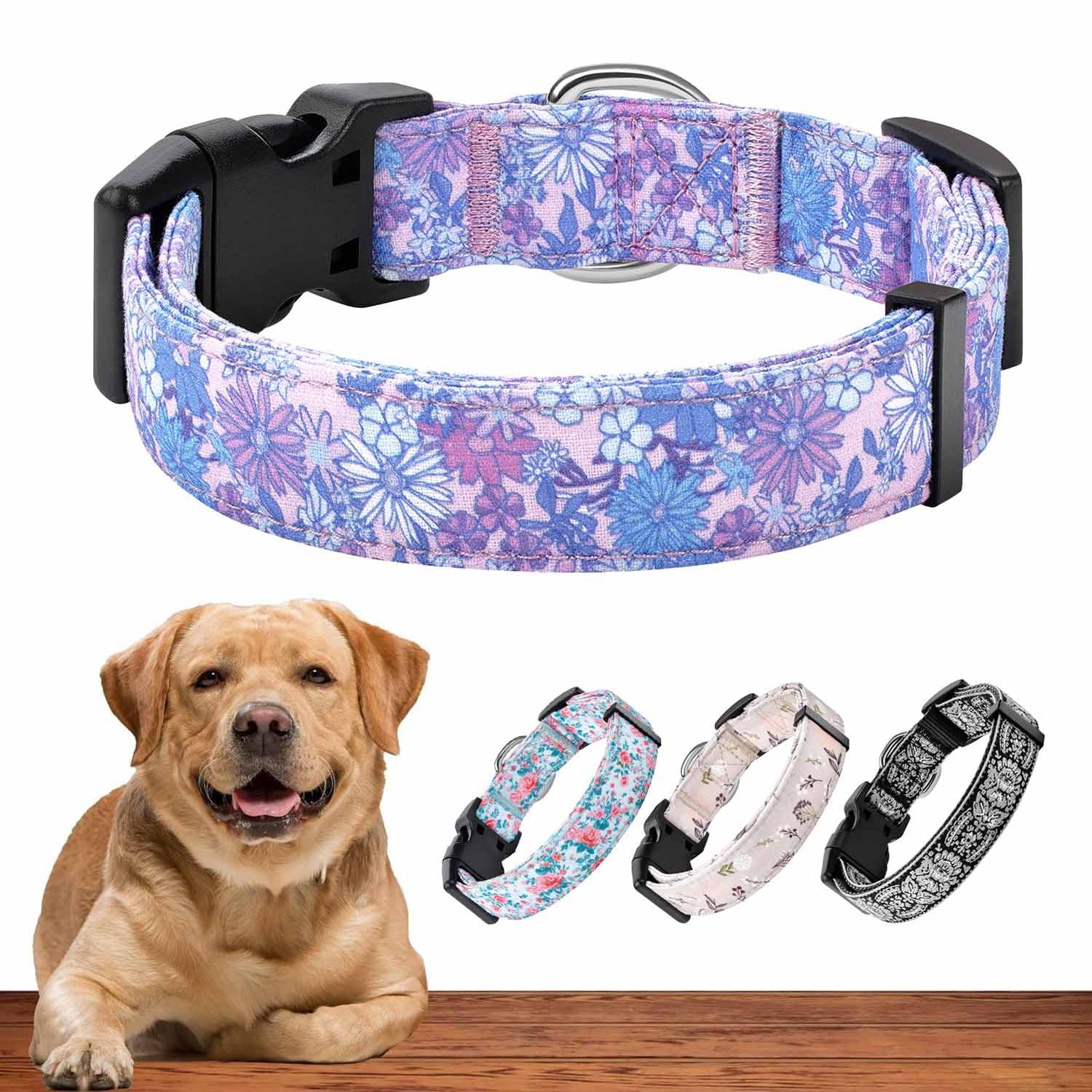 Art Tribute Dog Collar For Medium & Large Dogs - Flowers Cotton Padded Pattern On Long Lasting, Adjustable, Strong And Durable C