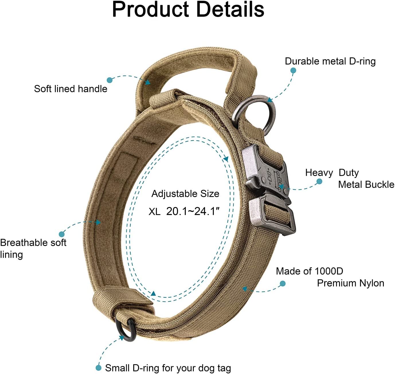 OEBEESA Dog Collar and Leash: - Nylon K9 Collars with Handle and Heavy Duty Metal Buckle for Medium and Large Dogs with 3 Patche