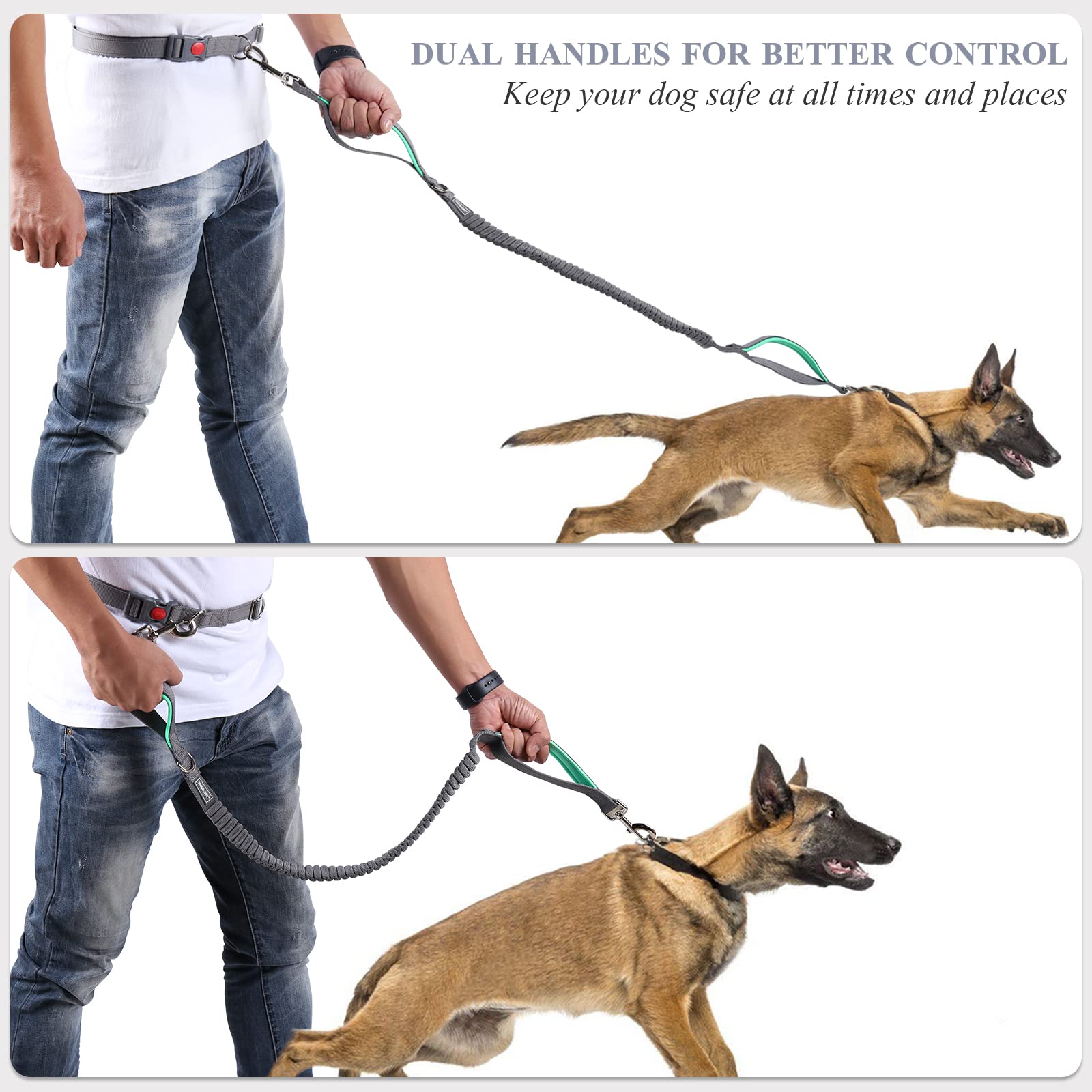 Vivaglory Hands Free Dog Leash With Shock-Absorbing Bungee For Medium & Large Dogs, Reflective Adjustable Waist Leash With Dual Padded Handle For Walking, Jogging, Running, Hiking, Grey-Turquoise