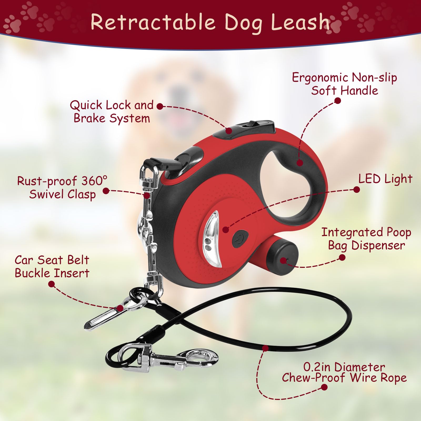 26Ft Retractable Dog Leash for Dog Up to 110lbs, Tangle Free Walking Leash, Heavy Duty Nylon Tape with Chew Proof Cable | LED Li