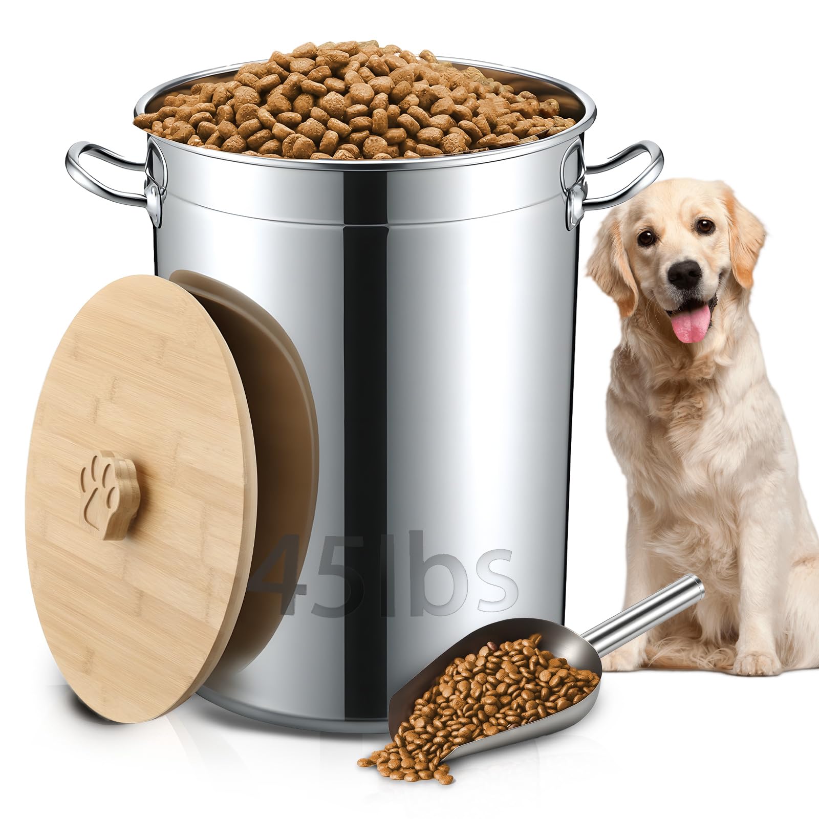 Maxdot 45 Lbs Stainless Steel Food Storage Container for Dog with Airtight Bamboo Lid Spoon & Wooden Claw Handle, Large Metal Pe