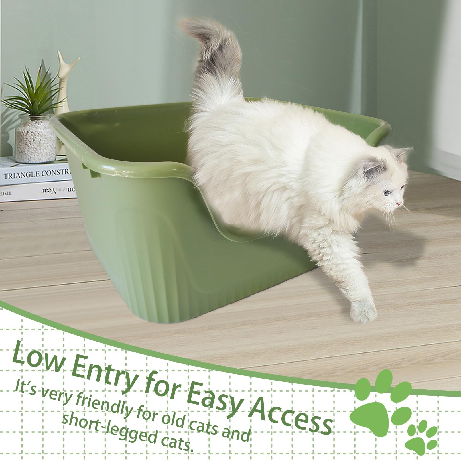 MUYG Large Cat Litter Box, Green, 21.45x16.14x10.43 IN, High Sides, Easy Clean, Low Entry, Polypropylene, Model BHG053
