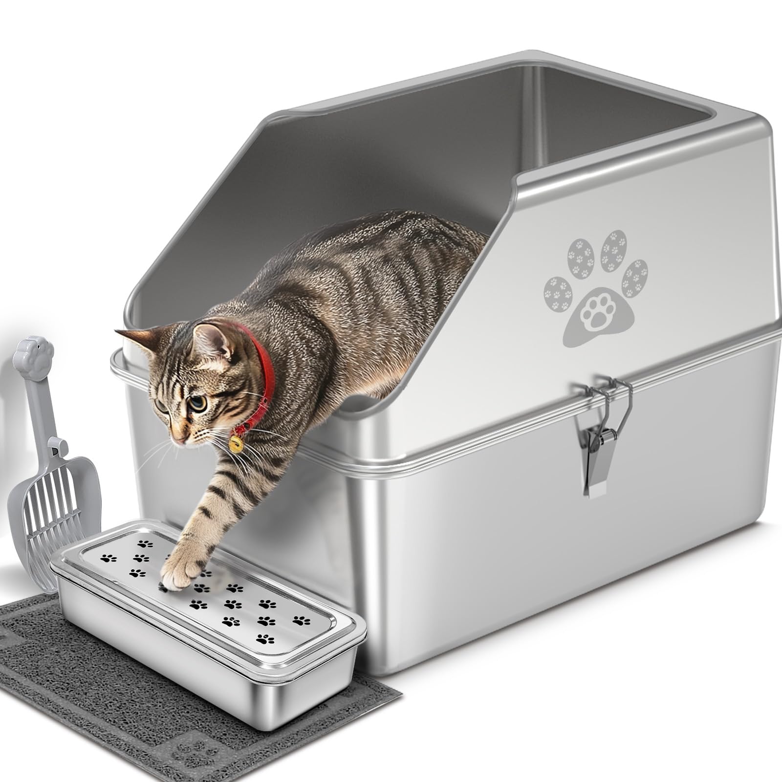KPWACD Enclosed Stainless Steel Cat Litter Box with Lid, XL Extra Large Non-Stick Metal Litter Pan for Big Cats, High-Sided Kitt