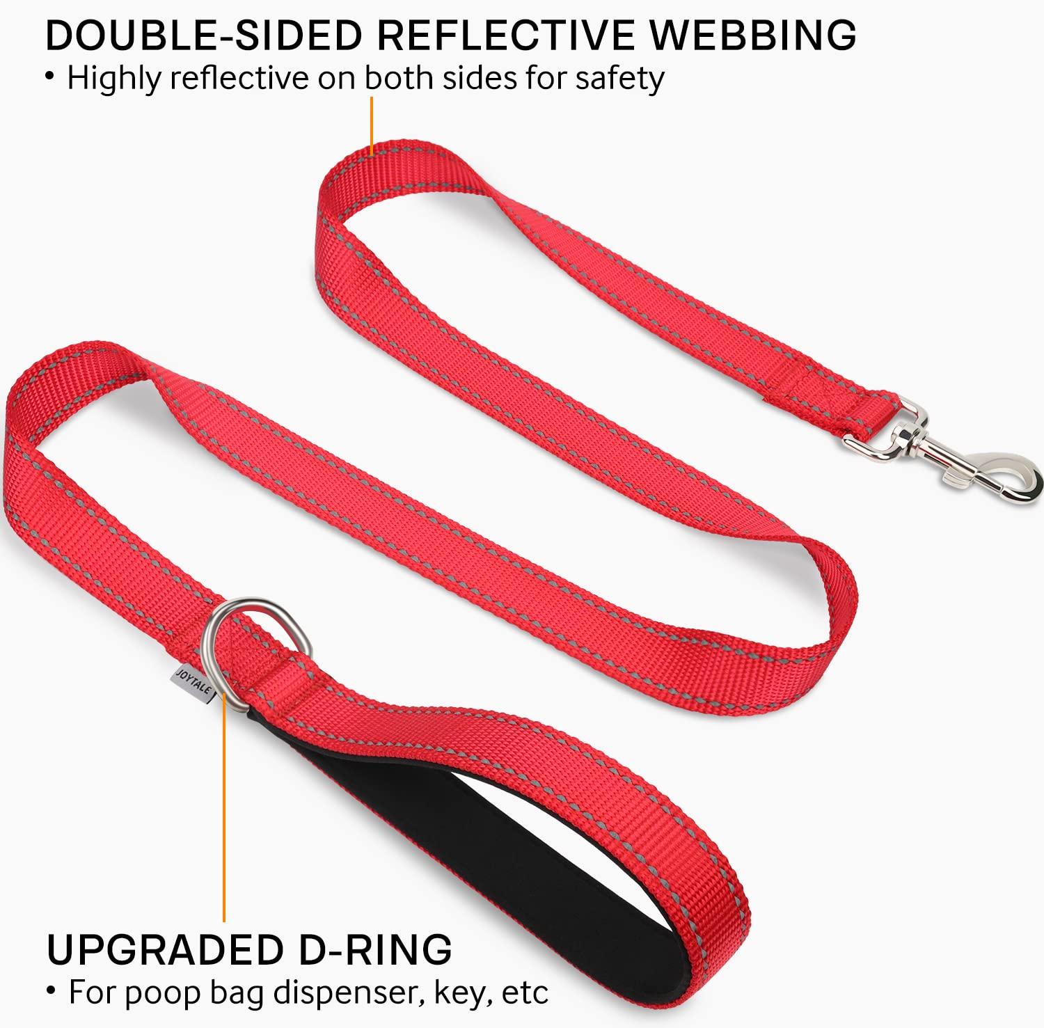 Joytale Double-Sided Reflective Dog Leash, 6 Ft/5 Ft/4 Ft, Padded Handle Nylon Dogs Leashes For Small & Medium Dogs Walking, Red, 5Ft