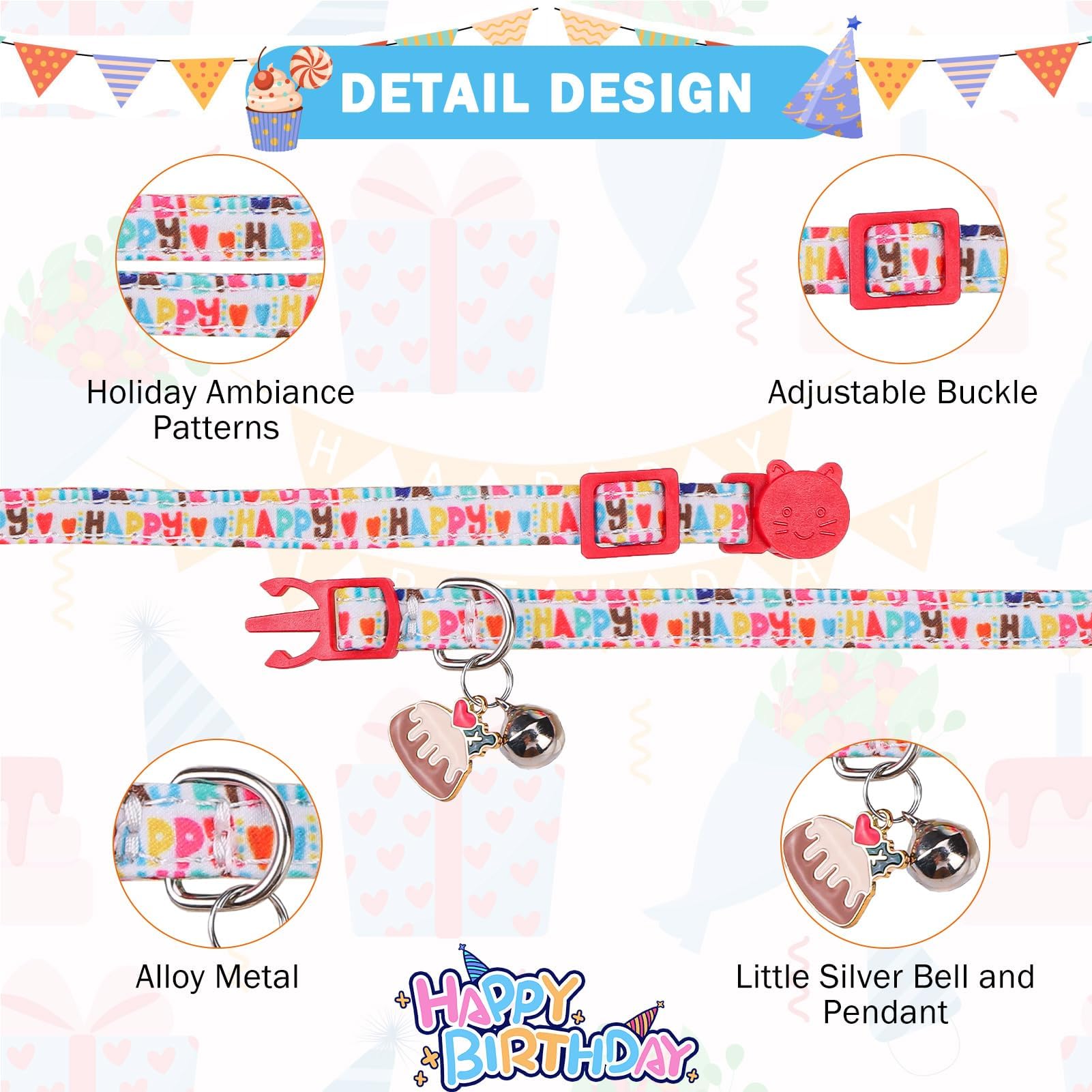 Scenereal Birthday Cat Collar With Bell & Stylish Bowtie, Breakaway Cat Collars Accessories For Boy Girl Small Cats, Holiday Kit