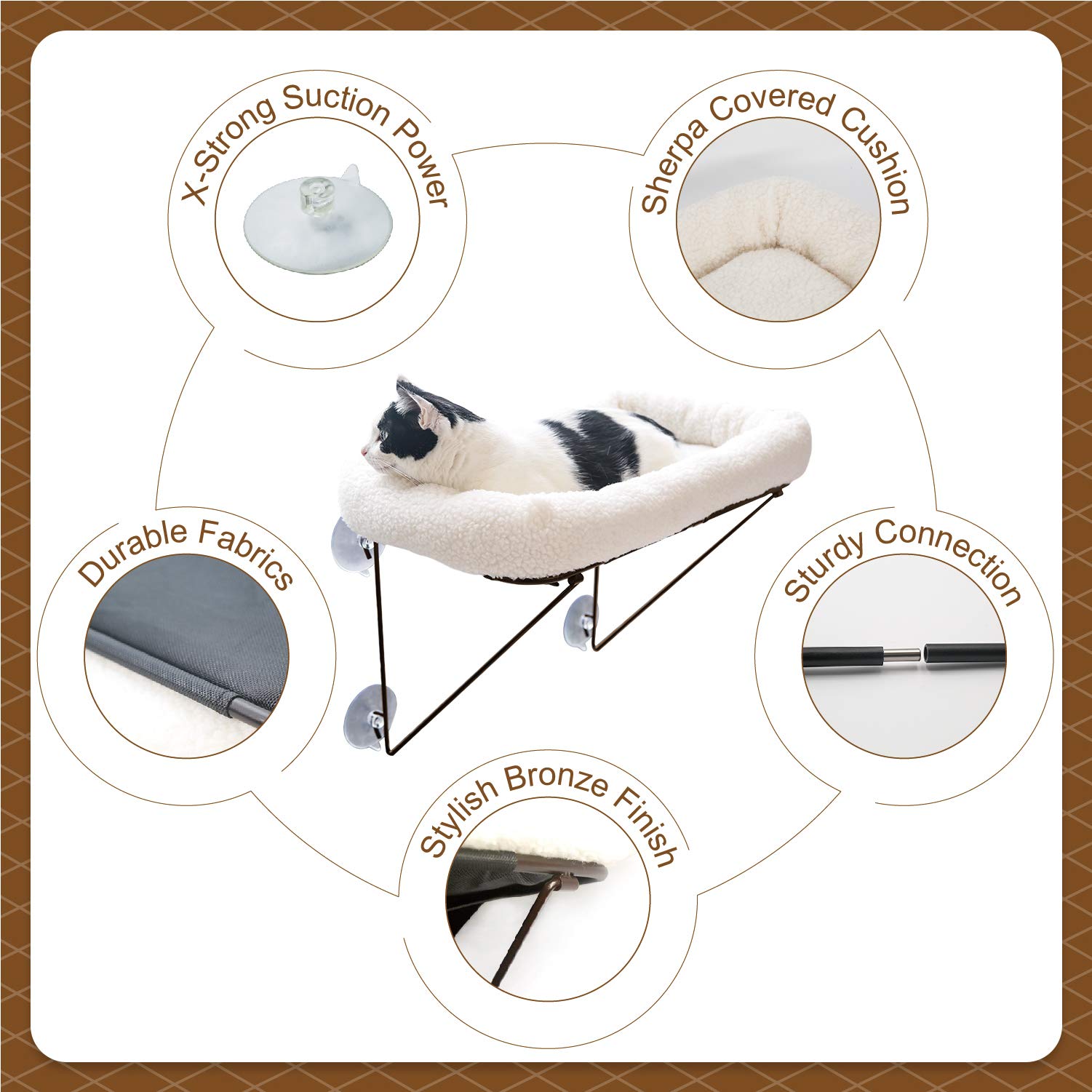 Zakkart Cat Window Perch - 100% Metal Supported From Below - Comes With Warm Spacious Pet Bed - Cat Window Hammock For Large Cats & Kittens - For Sunbathing, Napping & Overlooking (White)