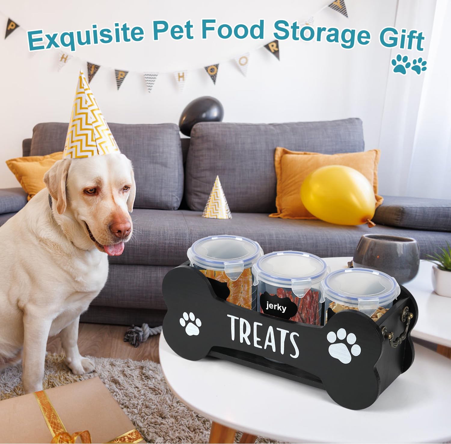 WGFKVAS Dog Treat Container - Wooden Food Storage with 3 Jars, Black, Model GJZ-01, Perfect Gift for Dog Owners