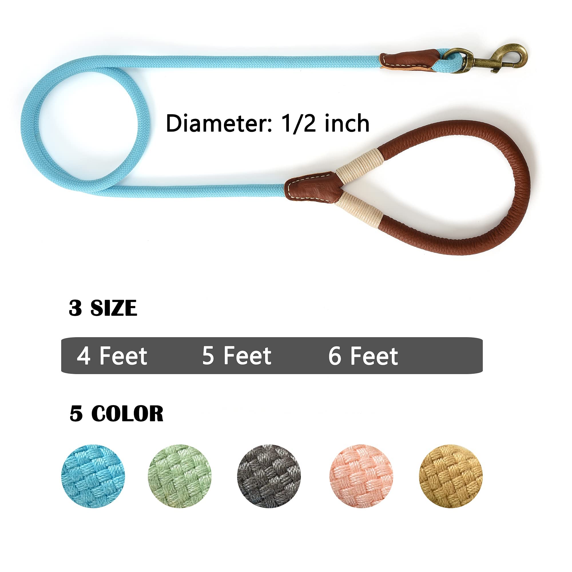 Mile High Life | Premium Leather Dog Leash | Strong Rope Dog Leash | Leather Handle | Heavy Duty Clasp | Small Medium Large Dogs | Diameter 1/2' (Blue, 5 Feet)