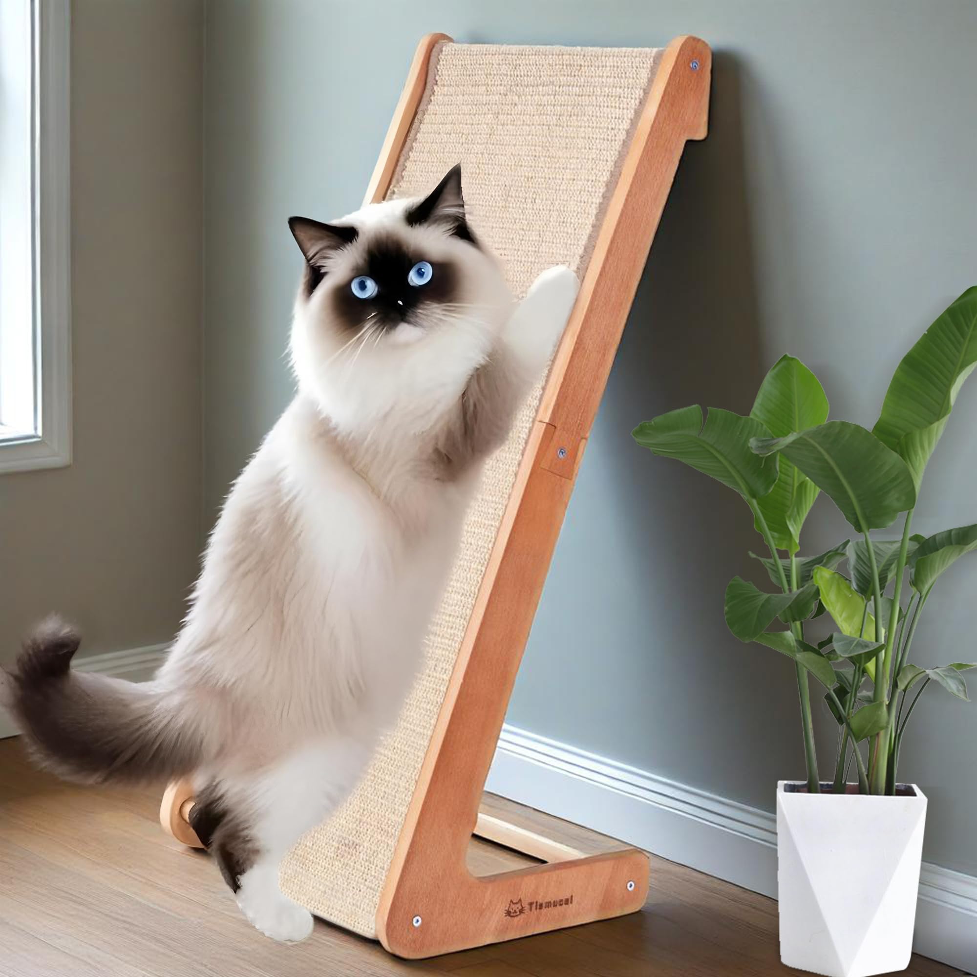 Tismucel L-Shaped Cat Scratching Post - Beechwood Base, 28.5'' Natural Sisal Woven Scratching Pad, Durable Cat Scratcher, Furnit