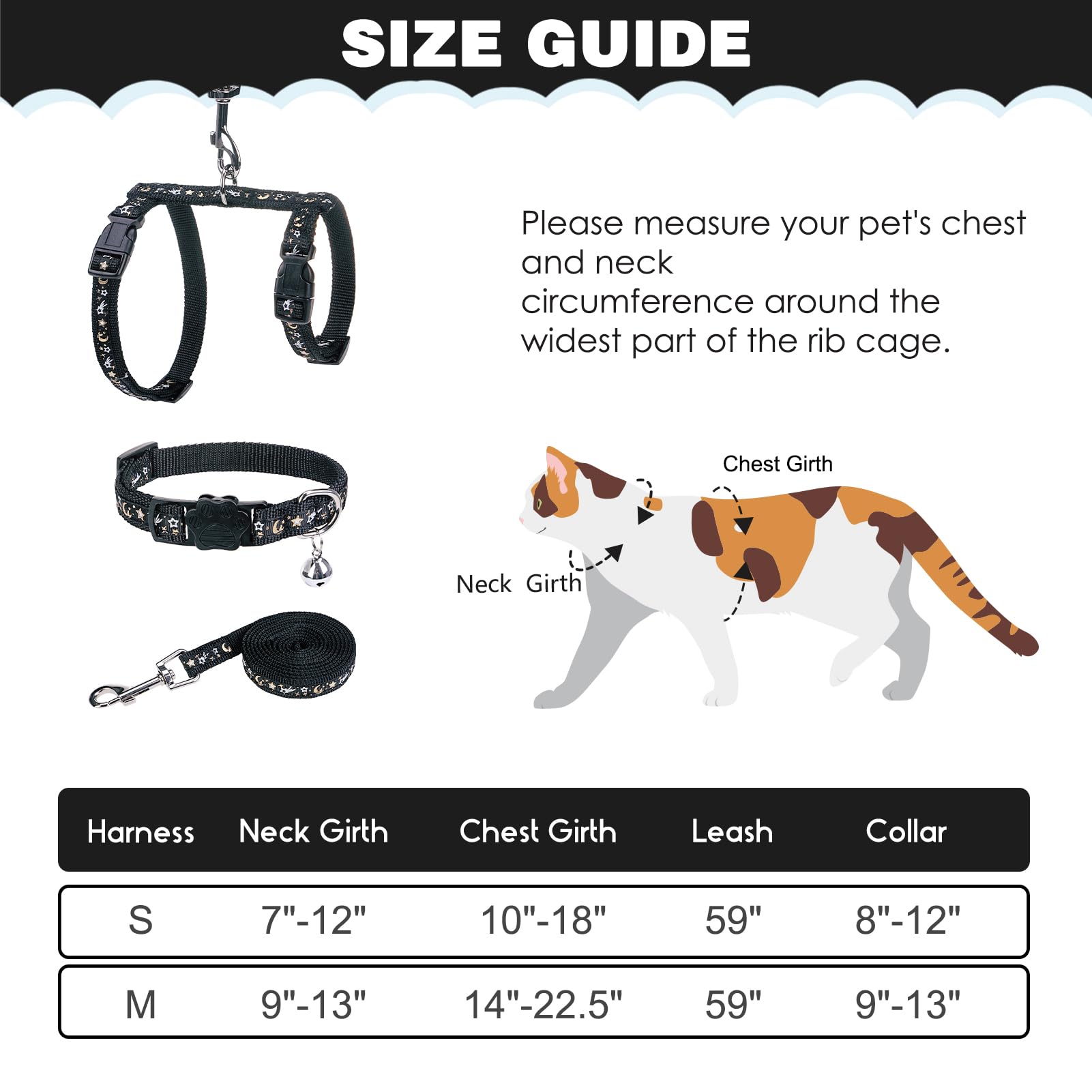 Pawchie Cat Harness With Leash And Collar Set - Escape Proof Adjustable H-Shped Cat Harness With Star And Moon Pattern Glow In T
