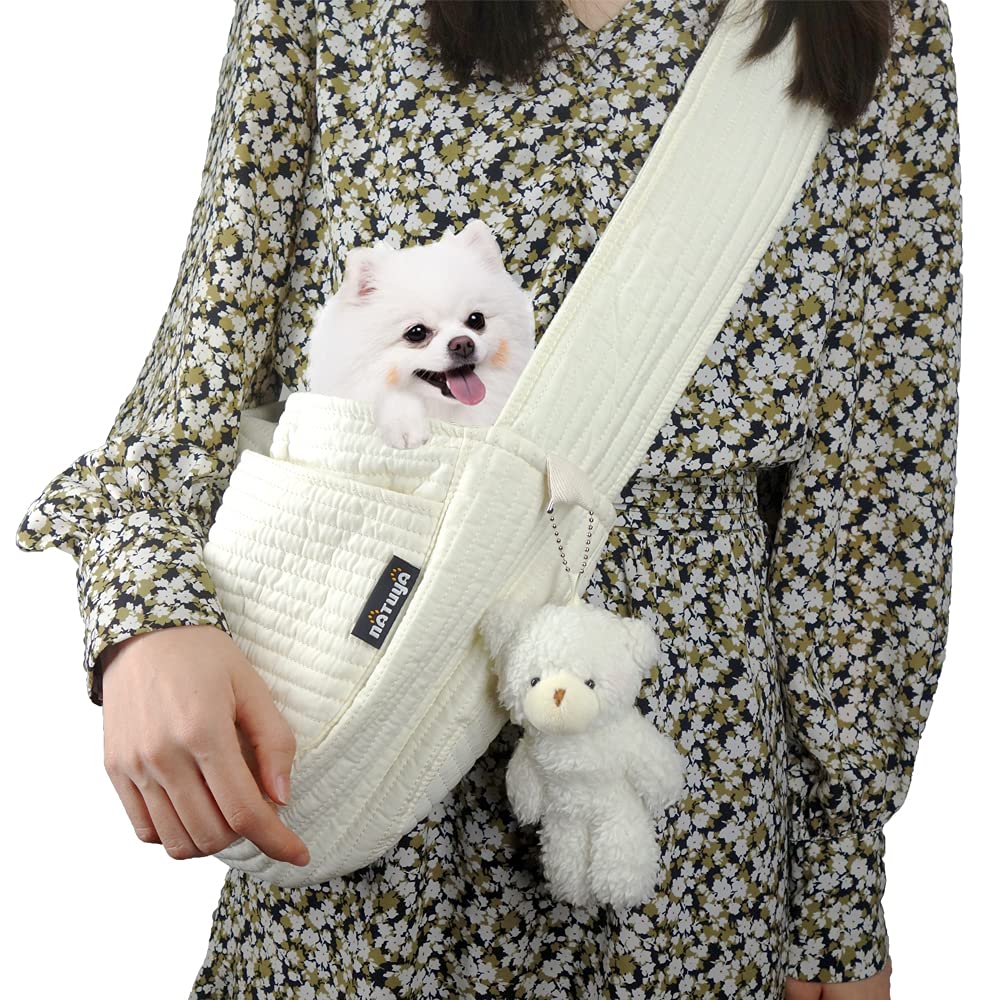 NATUYA Small Dog Carrier Sling Cat Sling,Adjustable Strap Hand Free Pet Puppy for Outdoor Traveling Subway (White, Canvas)