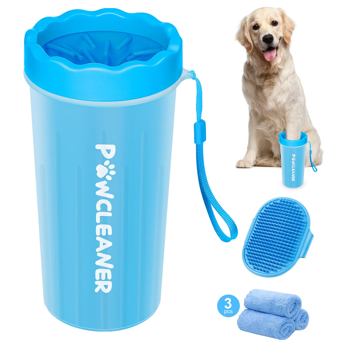 Comotech Dog Paw Cleaner With Bath Brush & Absorbent Towels - Adjustable Ring Handle For Long And Short-Haired Dogs (Large, Blue)