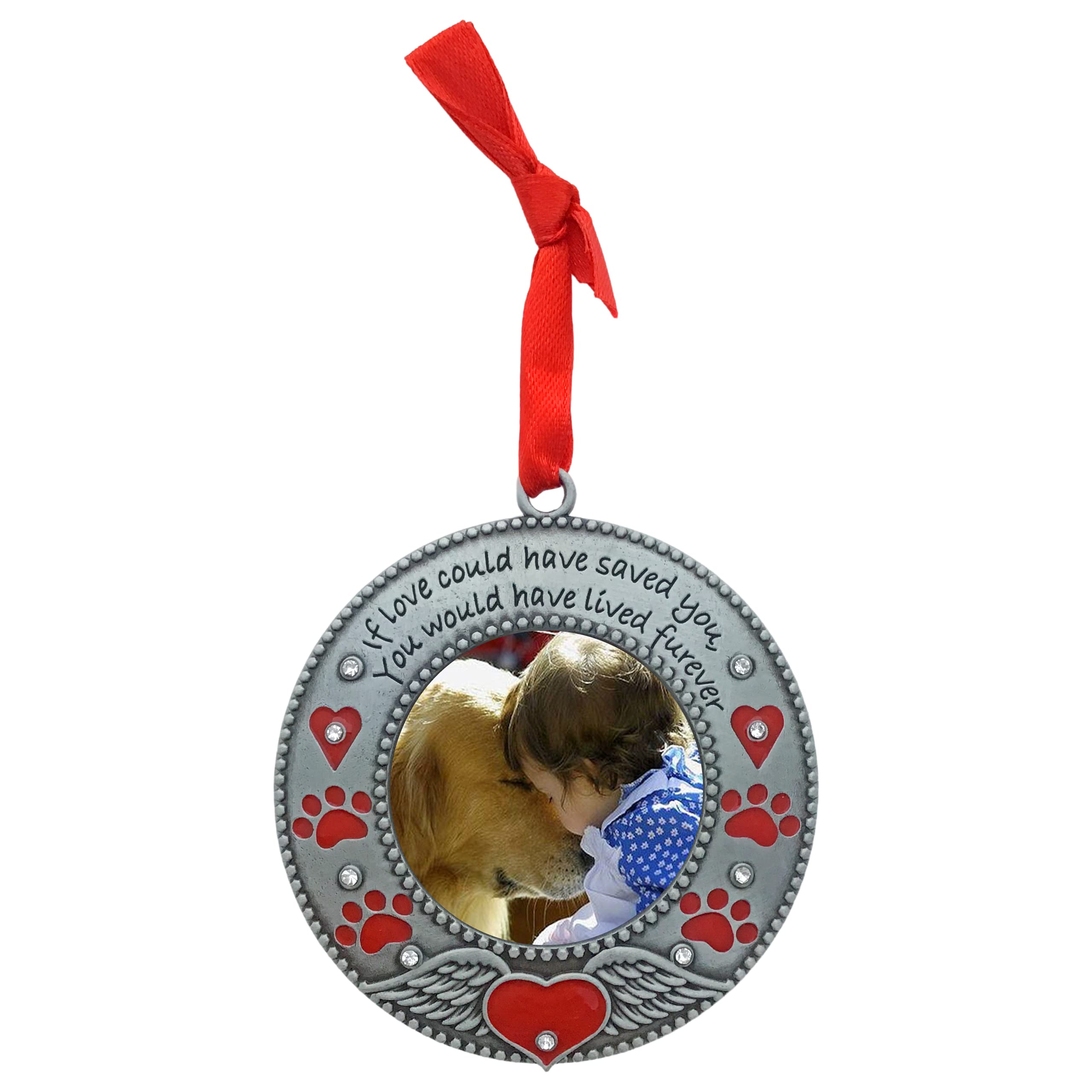 Pet Memorial Photo Ornament - Dog Or Cat - Enameled & Jeweled With Red Hearts, Angel Wings & Paw Prints - Gift/Storage Bag Included - 3' D And Holds A 2' D Photo