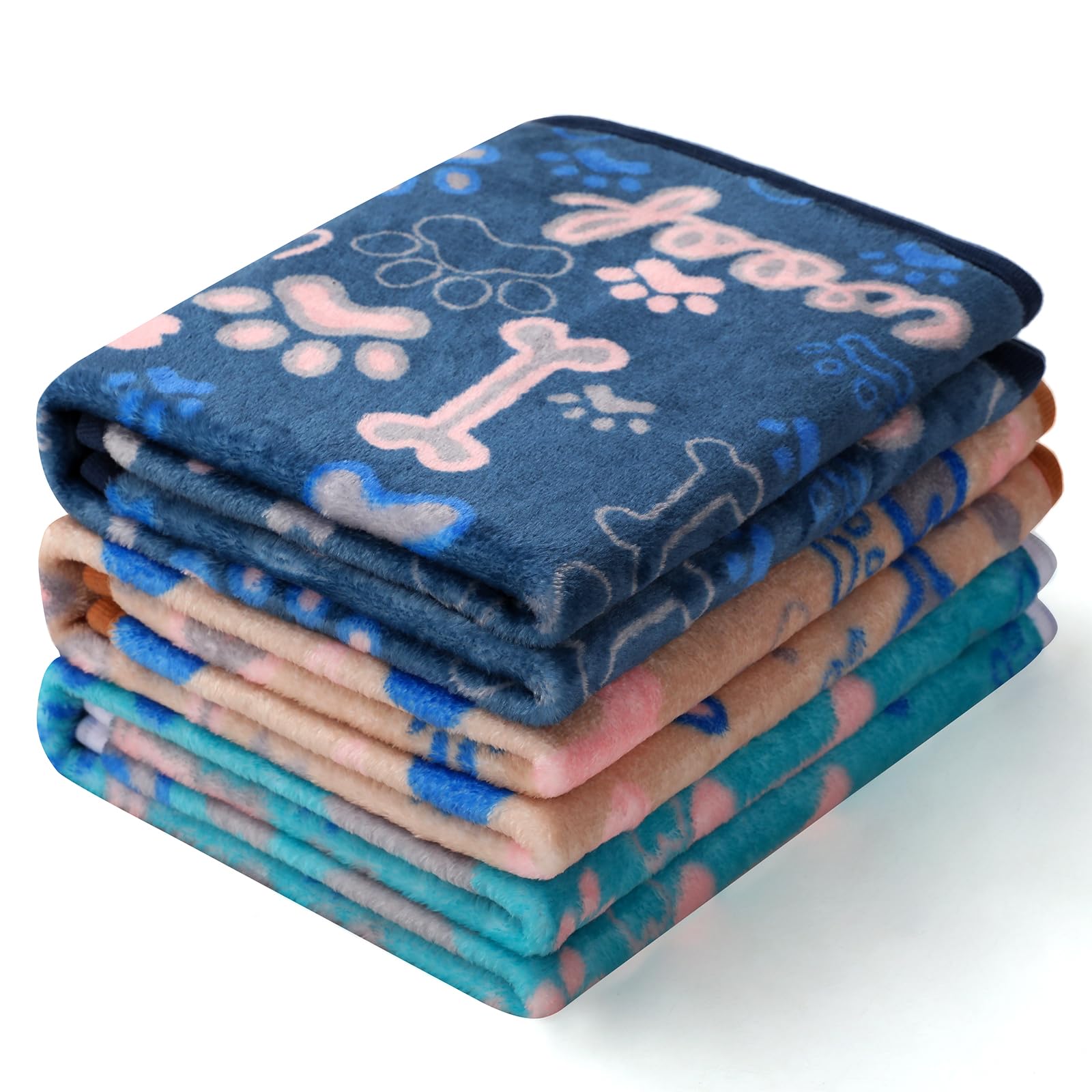 Luciphia 1 Pack 3 Blankets Fluffy Premium Fleece Pet Blanket Flannel Paw Bone Printed Throw For Dog Cat(Large 41'X31', Khaki/Blue/Navy)