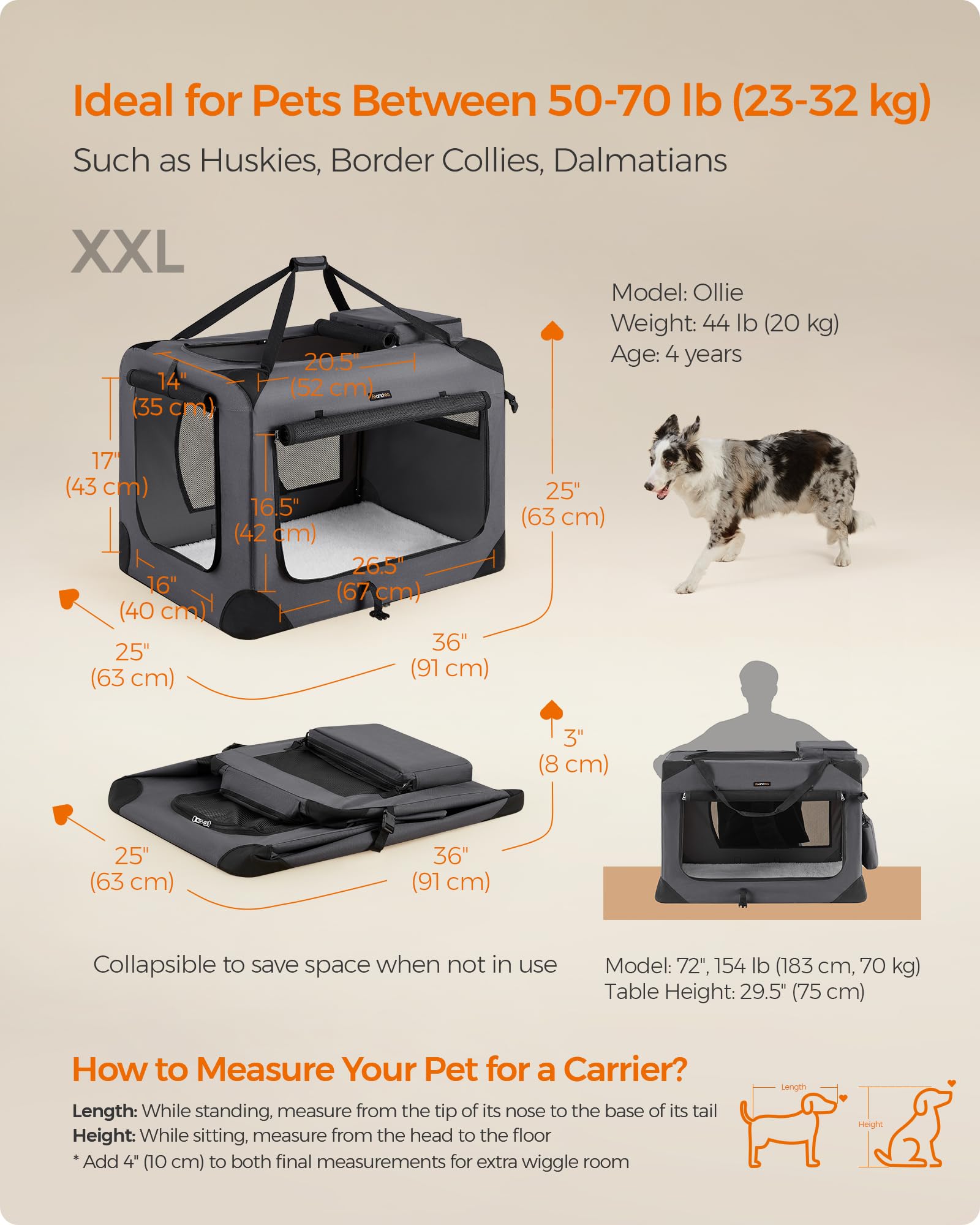 Feandrea 36 Inches Collapsible Soft Dog Crate, Portable Travel Dog Crate for Indoor and Outdoor Use, Dog Carrier Kennel with Saf
