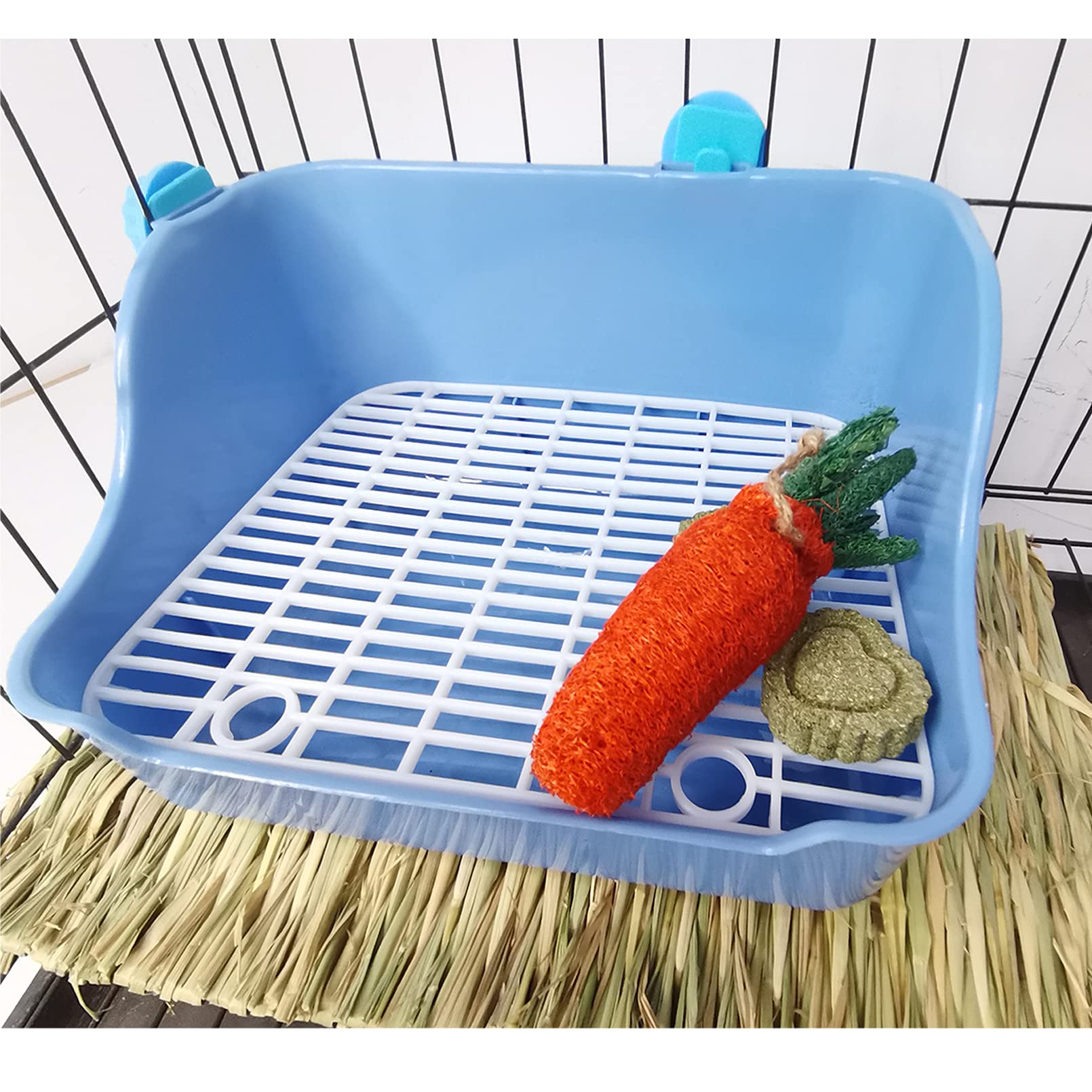 Hamiledyi Small Animal Rabbit Litter Box, Plastic Square Cage Toilet, Corner Pan With Grate, Potty Training For Bunny, Guinea Pigs, Chinchilla, Ferret, Hamster(Blue)