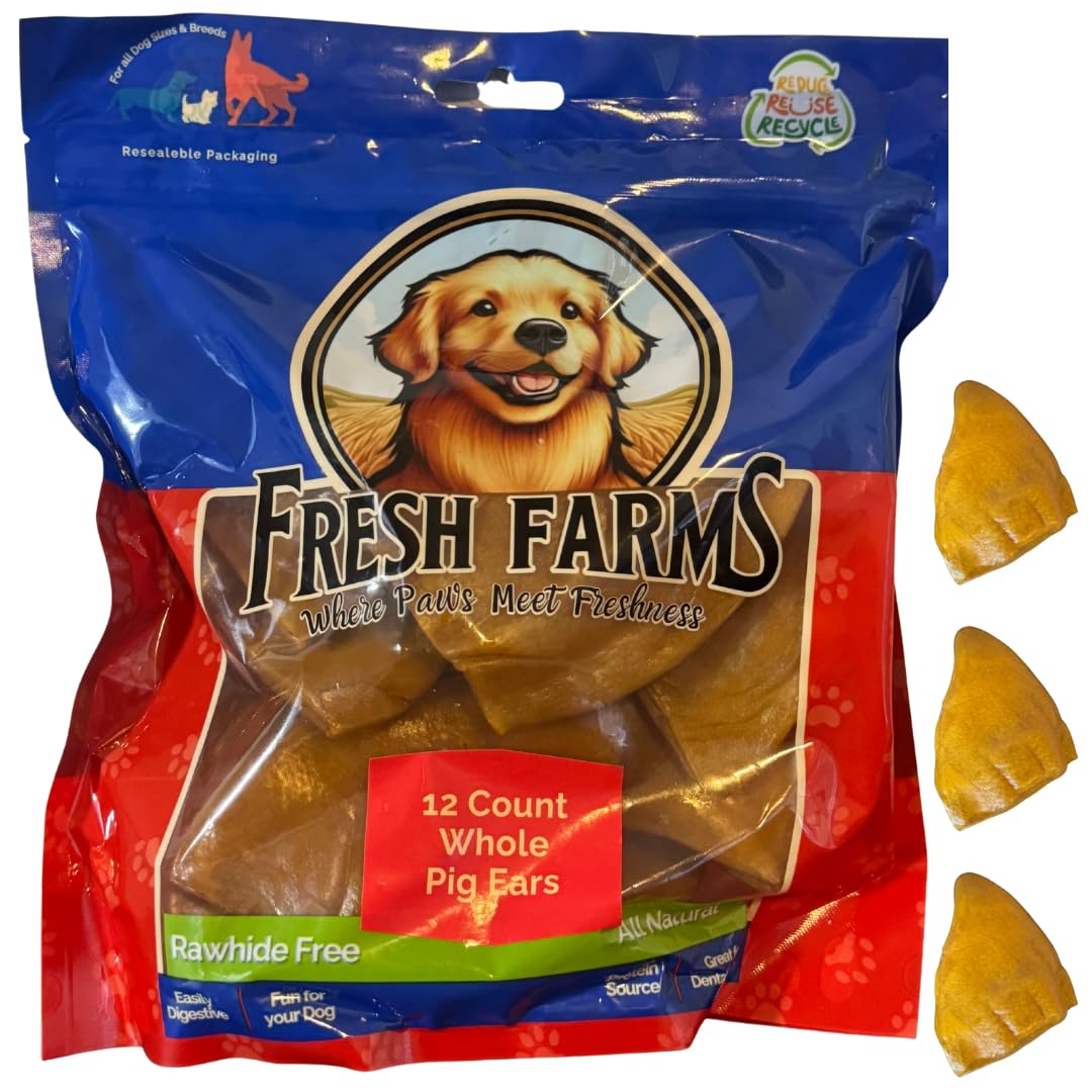 Fresh Farms 12 Pack Pig Ears Shaped Chews - Natural Single Ingredient Chews for All Breeds and Sizes - Thick, Tasty, Rawhide Fre