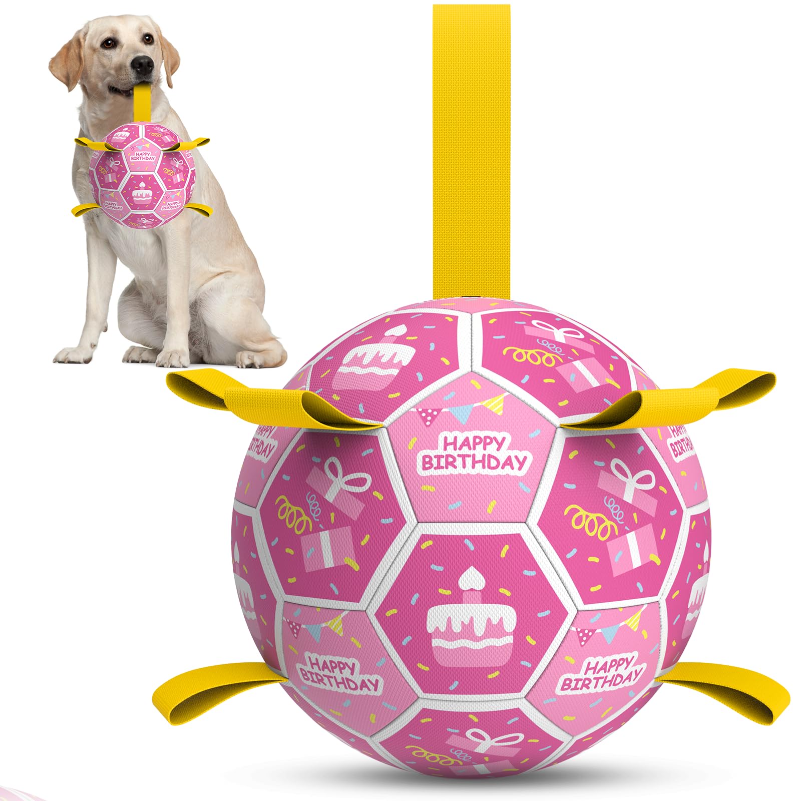 QDAN Dog Birthday Toys, Squeaky Dogs Toys, Dog Soccer Ball with Straps, Puppy Gifts, Herding Balls with Bell Inside, Water Toy, 
