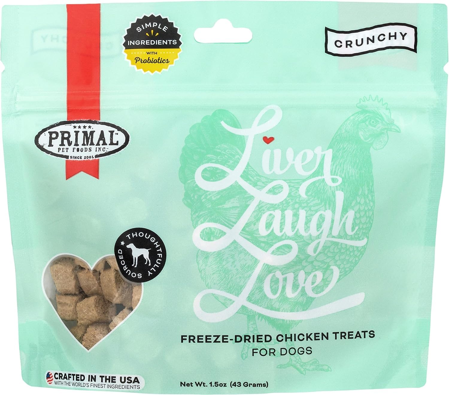 Primal Freeze Dried Dog Treats, Liver, Laugh, Love; Chicken Liver with Probiotics, Crunchy Grain Free Training Treats for Dogs,