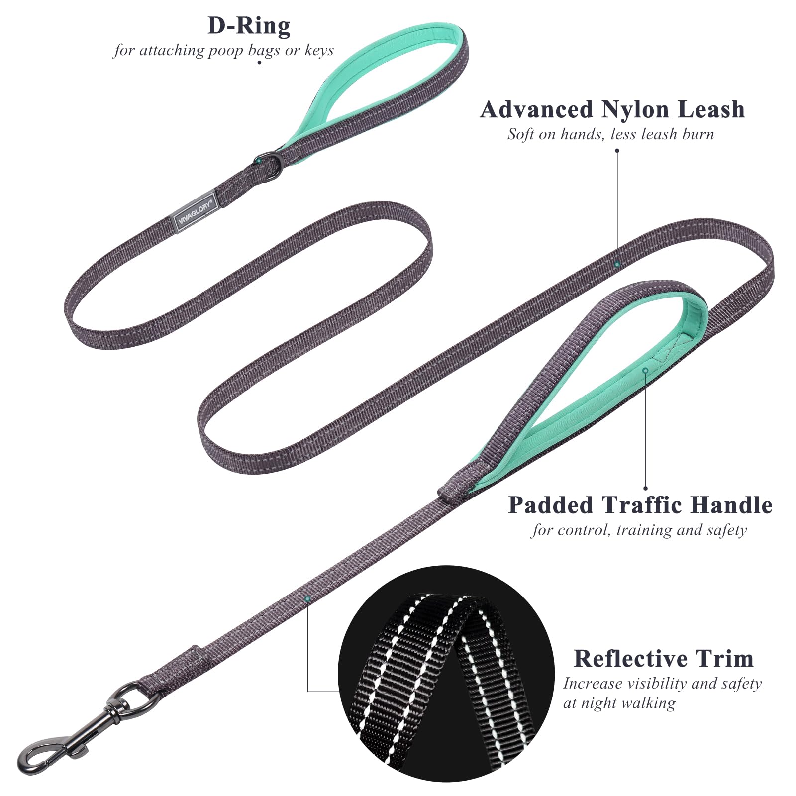 Vivaglory Traffic Handle Dog Leash, Two Padded Soft Handles Dog Leash, Strong Reflective & Metal Hook Training Pet Lead, Grey