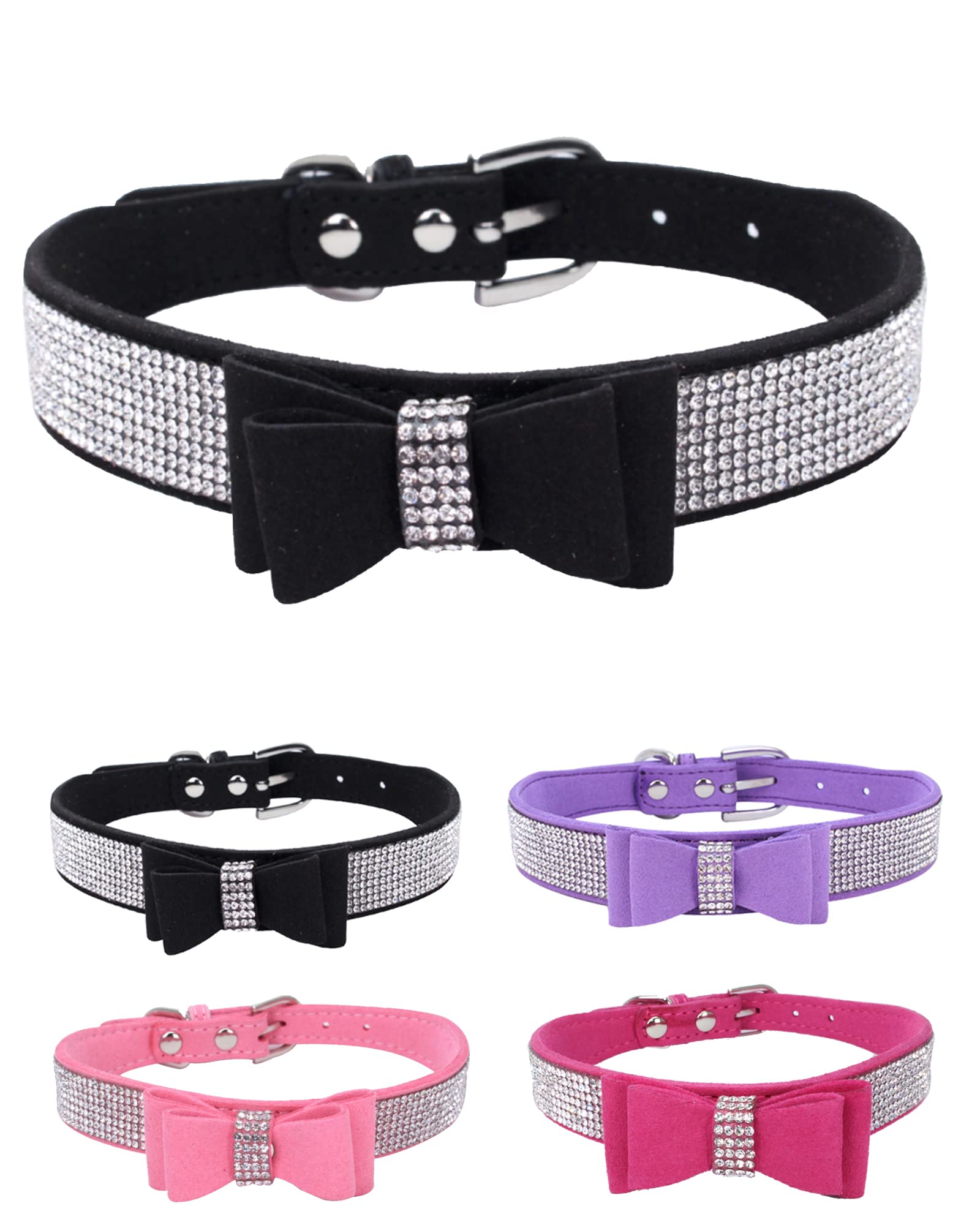 Rhinestone Dog Collar For Small Medium Large Dogs, Adjustable Leather Suede Bling Dog Collars,Diamond Bow Tie Puppy Collars For 