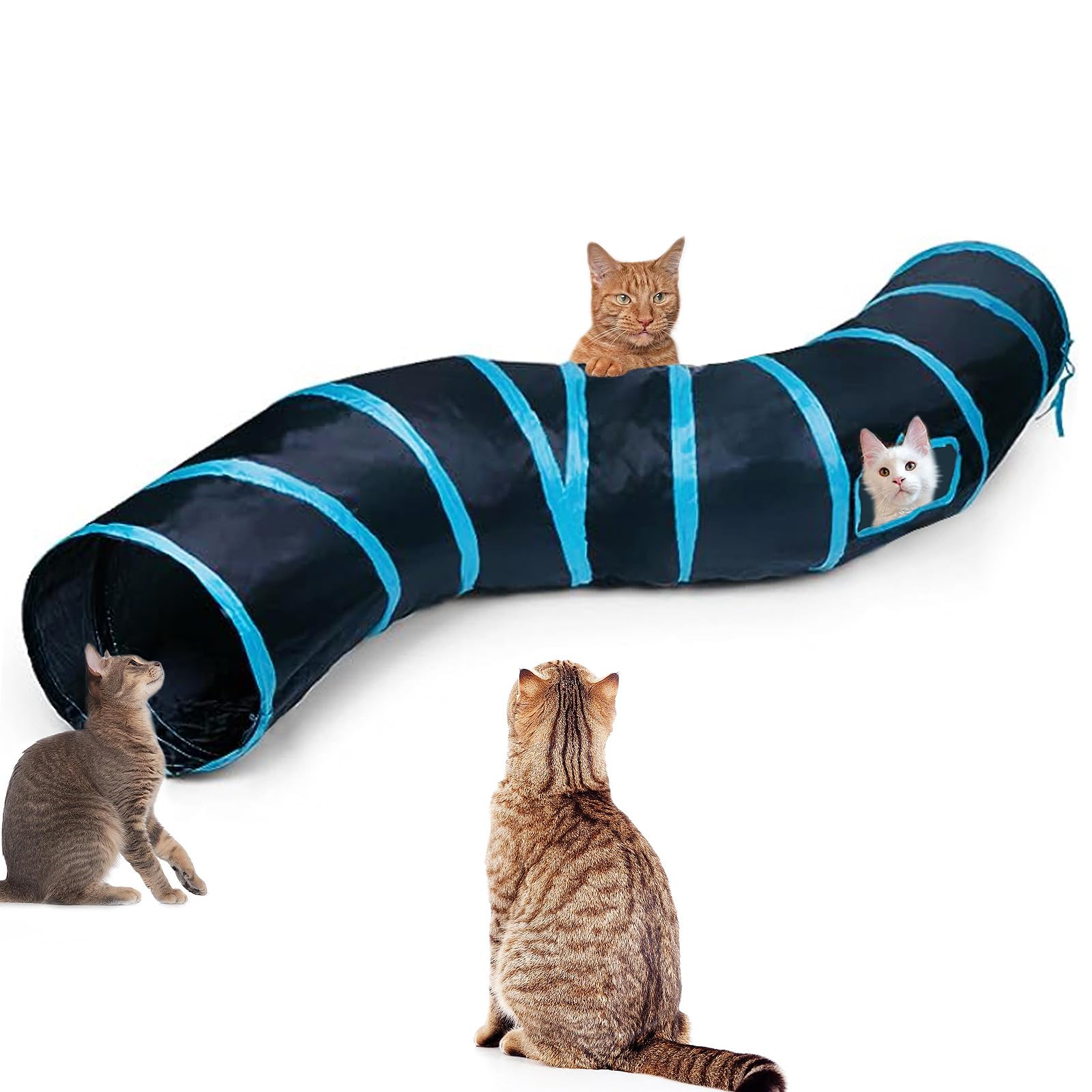 Deofun Cat Tunnel Tube Toys,Tunnels for Indoor Cats, S-Shape Blue Collapsible Interactive Toy with Balls for Rabbits, Kittens, F